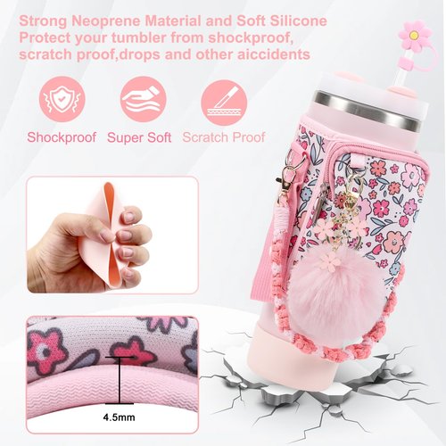 3tyto Stanley Cup Accessories Set Including Water Bottle Carrier Bag,Water Bottle Holder With Strap,Straw Cover,Stanley Charms,Silicone Boot for Stanley 40oz 30oz Tumbler (Pink Floral)