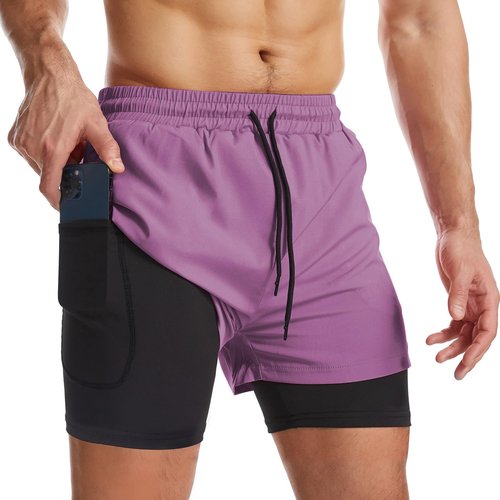 Surenow Mens 2 in 1 Running Shorts Quick Dry Athletic Shorts with Liner, Workout Shorts with Zip Pockets and Towel Loop Purple