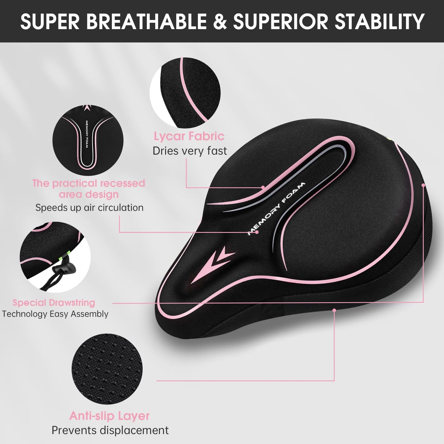 Memory Foam Bike Seat Cover Padded, Soft Bike Cushion for Men & Women, Comfortable Bike Accessories for Bike, Outdoor Indoor Cycling(Pink)