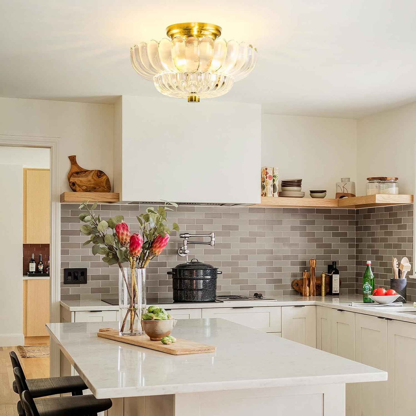 Modern Semi Flush Mount Ceiling Light Fixture with Brown Glass & Black Base - Ideal for Living Room, Kitchen, Bedroom, Hallway (Bulb Not Included)