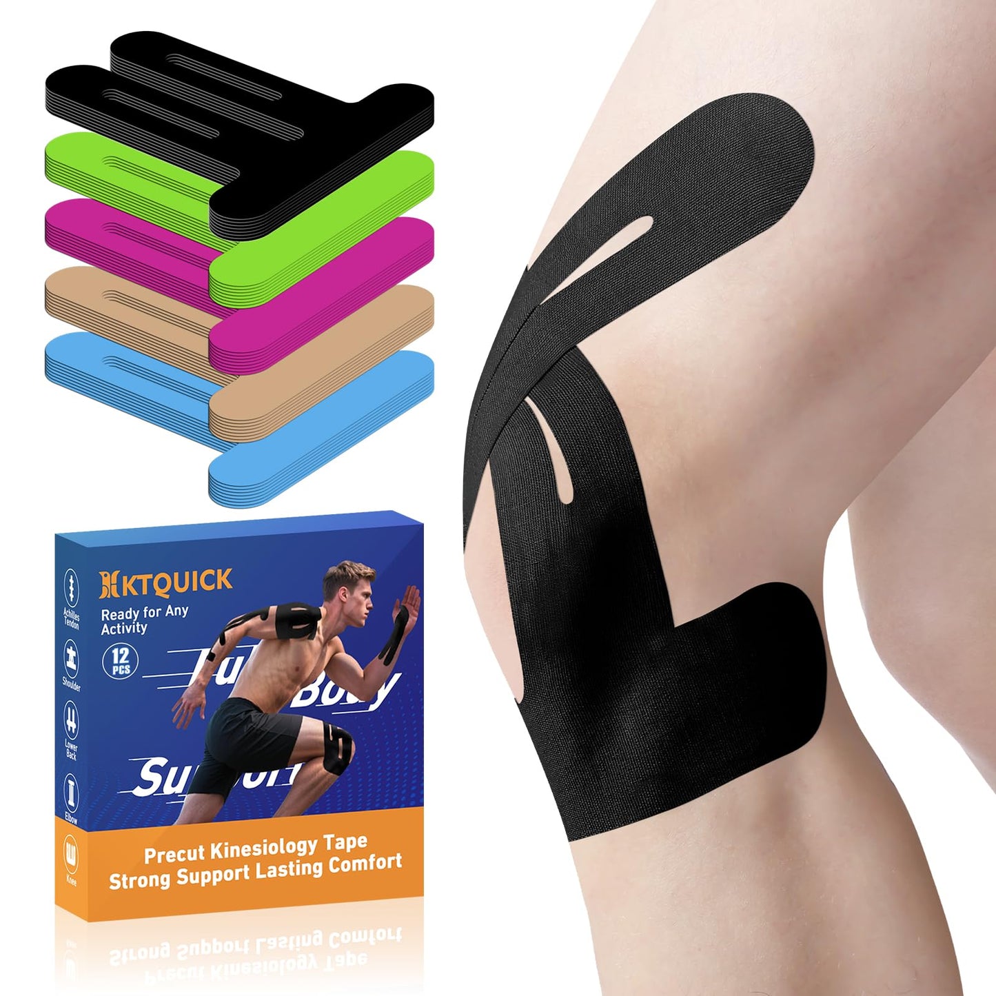 PreCut Kinesiology Tape for Knees, KTQUICK 12 PCS 20% Extra Adhesive Knee Tape for Knee Pain Relief Pre Cut, Anatomical for Maximum Hold, Waterproof&Hypoallergenic Cotton Latex-Free for Sports (Black)