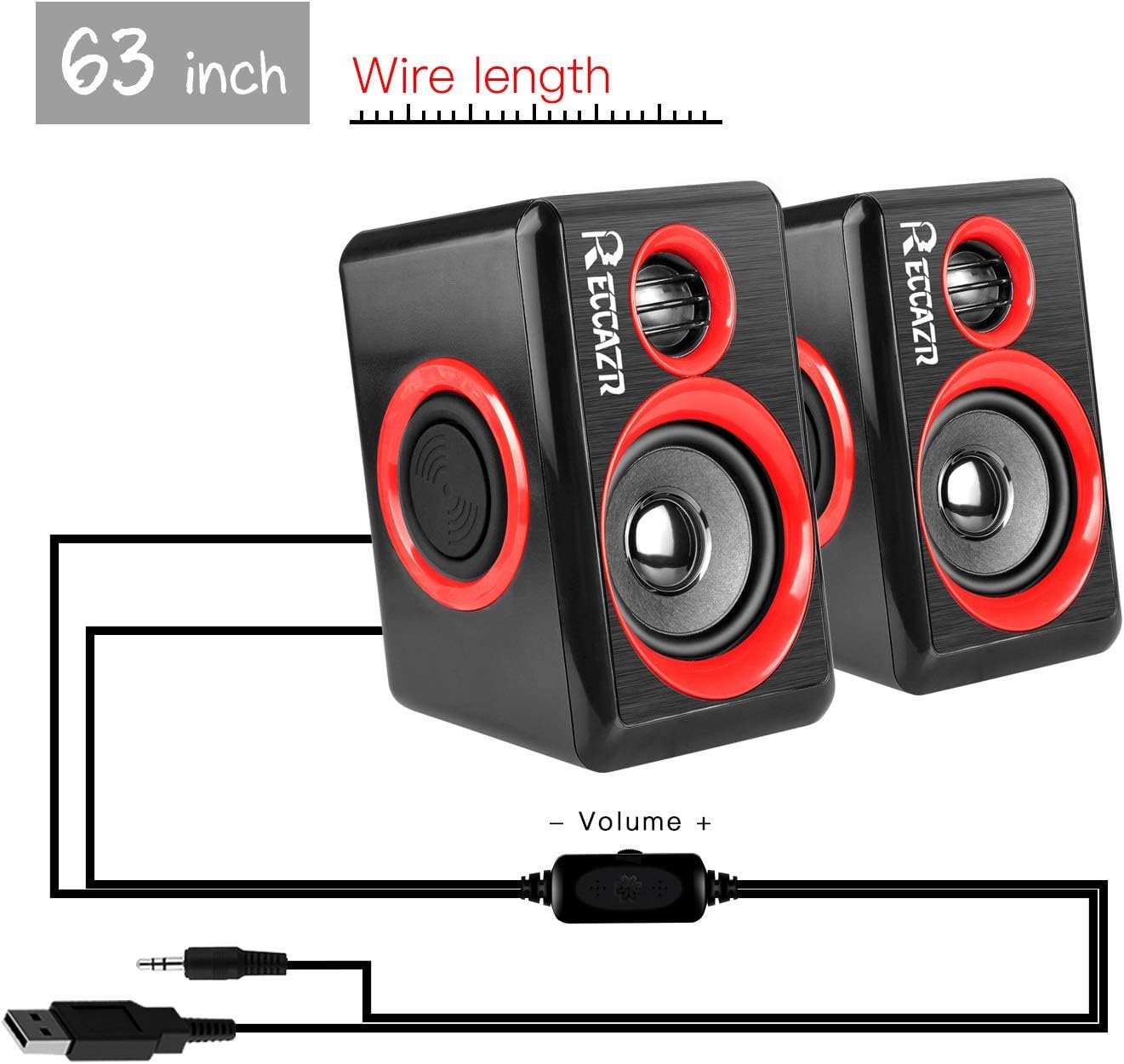 Reccazr SP2040 | 2.0 CH Computer Speakers with Surround Sound & Deep Bass - USB Wired, Red