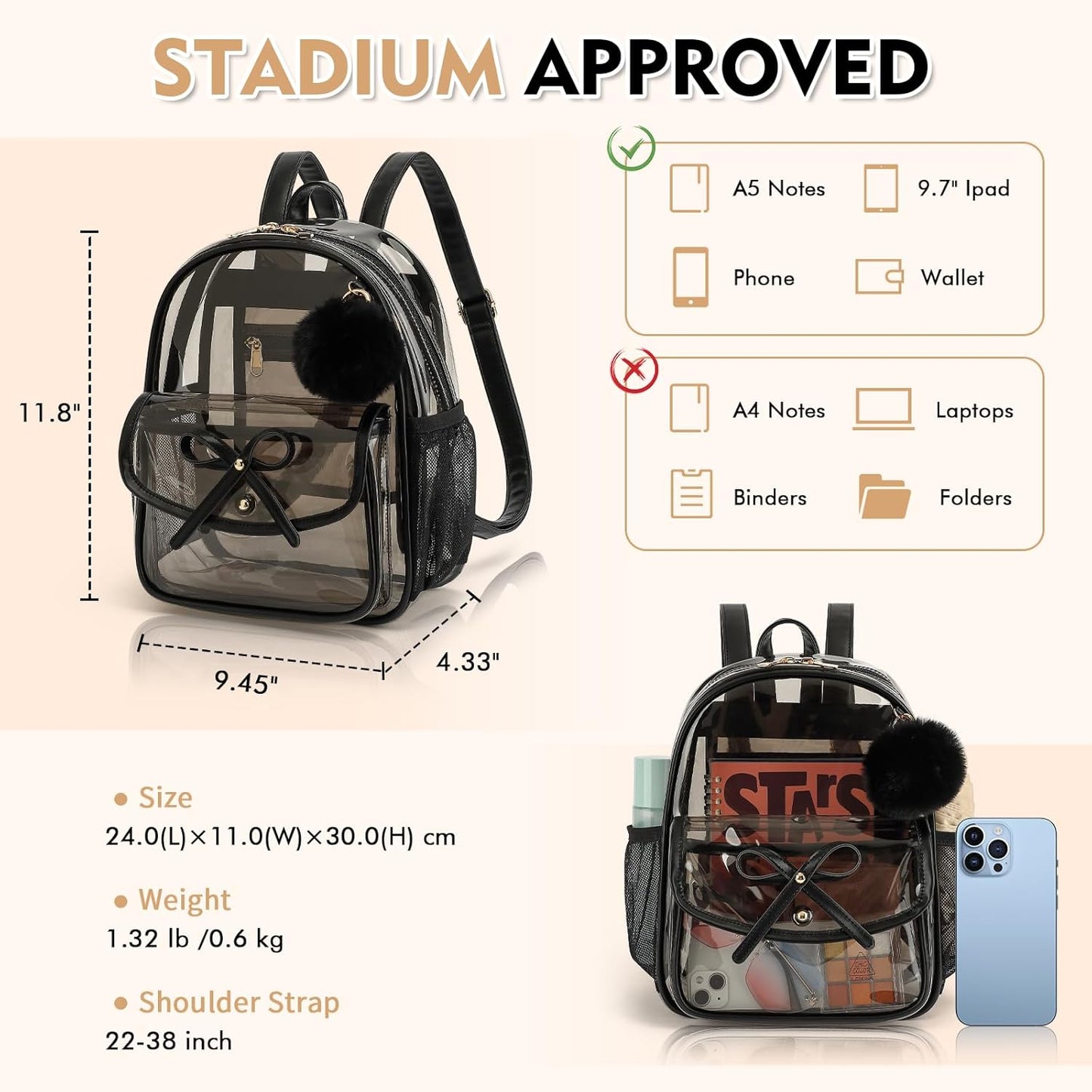 Skiennix Clear Backpack - Stadium Approved 12x12x6 PVC Bag with Stylish Leather Trim for Women