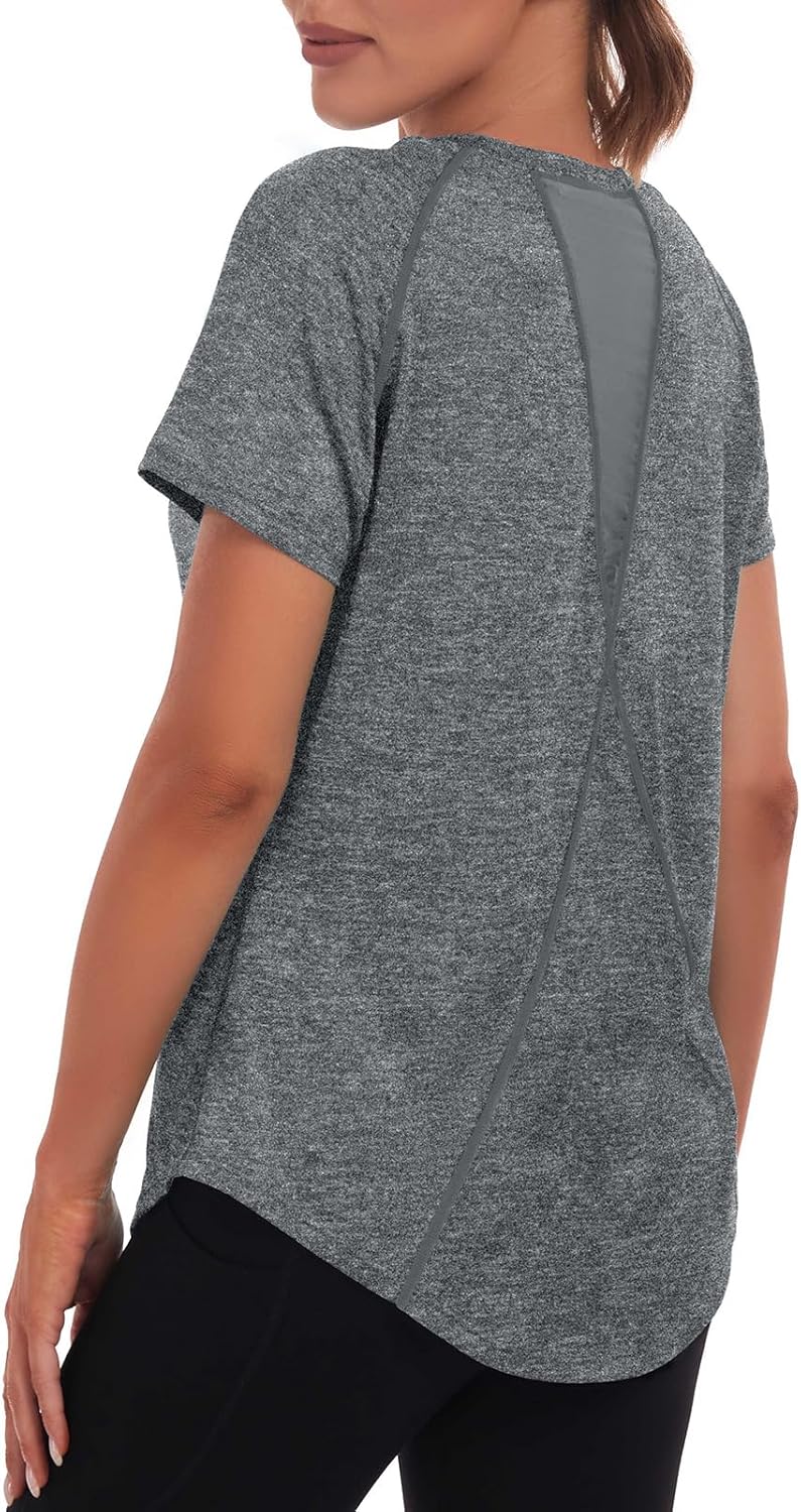 Skiennix Women's Short Sleeve Workout Tops - Dry-Fit Mesh Open Back Gym Tee for Athletic Performance
