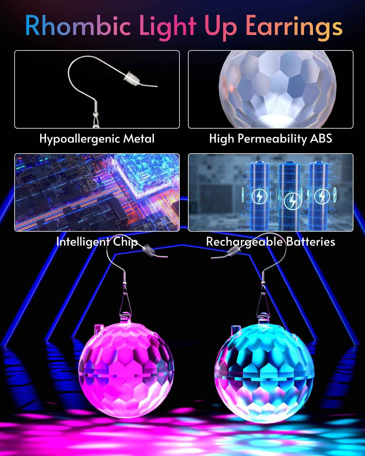 Light up Earrings Rhombic Disco Ball Earrings 16 Light Modes Rechargeable 60s 70s 80s Earrings for Women Concert, Disco Party, Rave Accessories