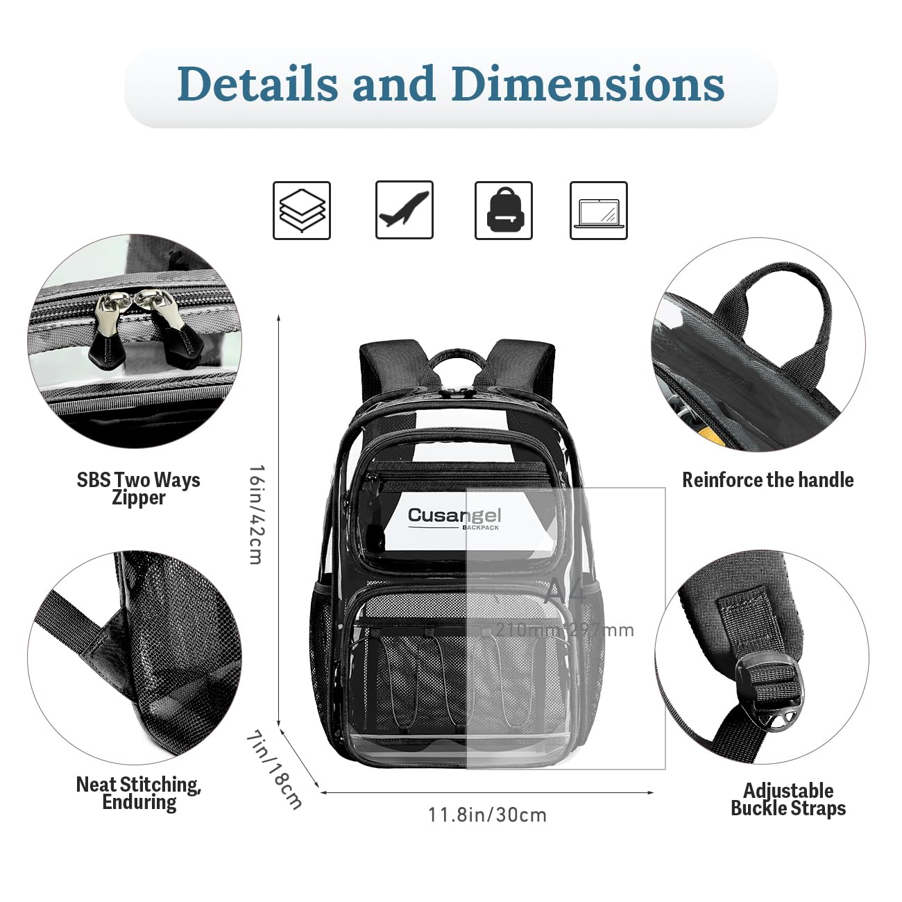 Cusangel Large Clear backpack for girls,16in TPU Plastic Bookbag,Stadium,school, and other security check locations (Black)