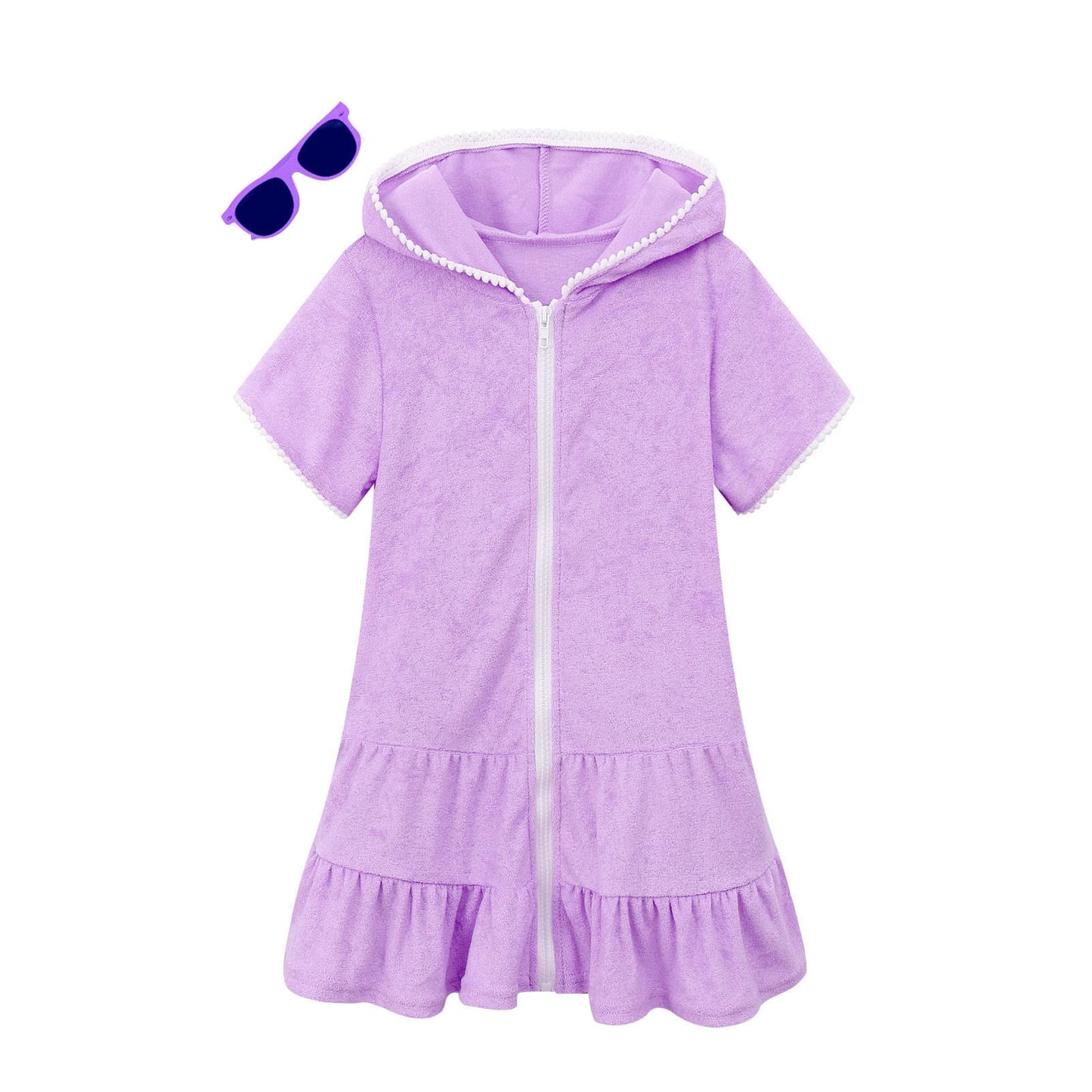 LUCKYGAL Girls Swim Cover Up Kids Swimsuit Coverup Terry Zip-Up Beach Bathing Suit Wraps, Size 6 7 Purple