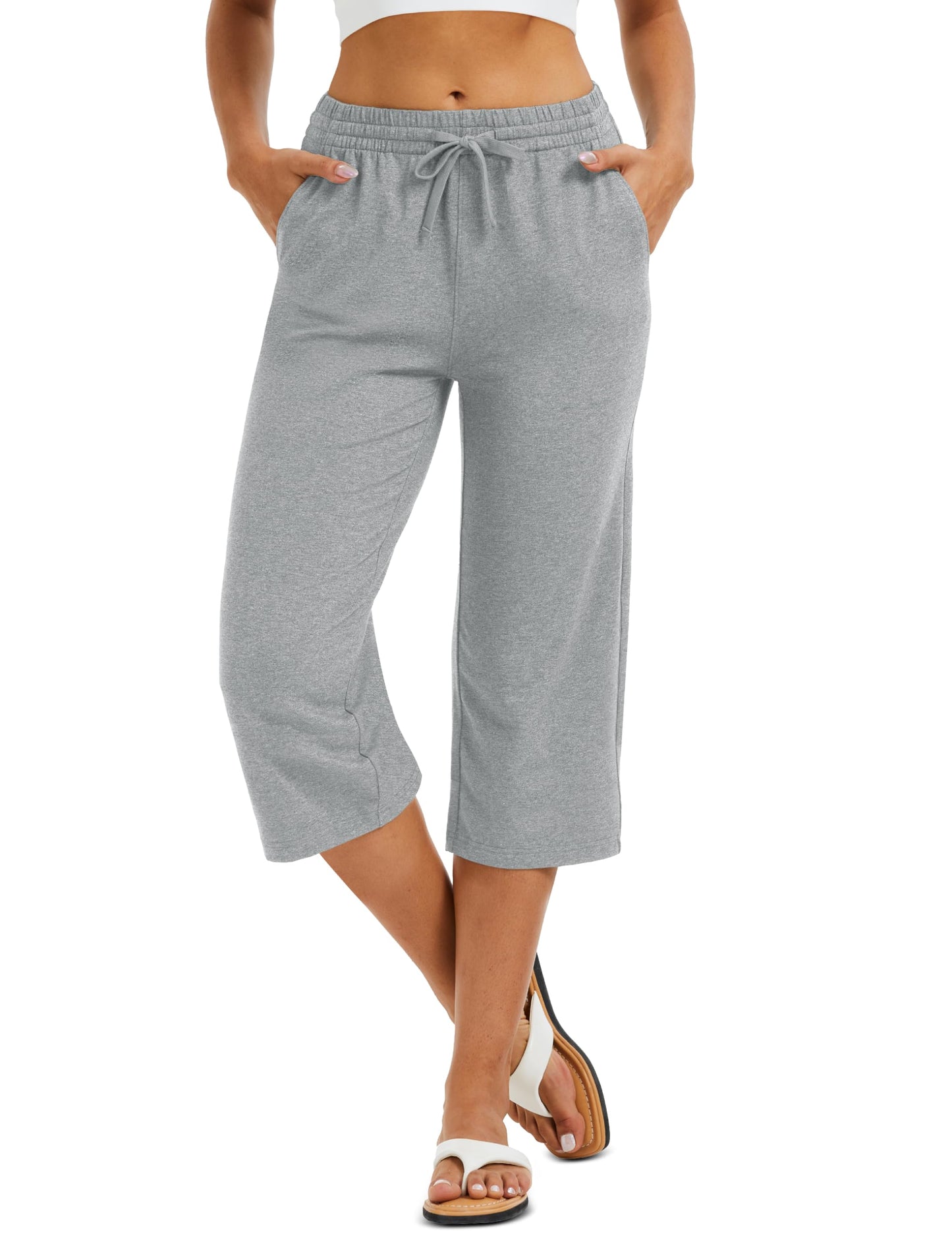 MAGCOMSEN Women's Cotton Capri Pants with 5 Pockets Stretch Summer Capris Yoga Workout Athletic Sweatpants Spandex Light Grey M