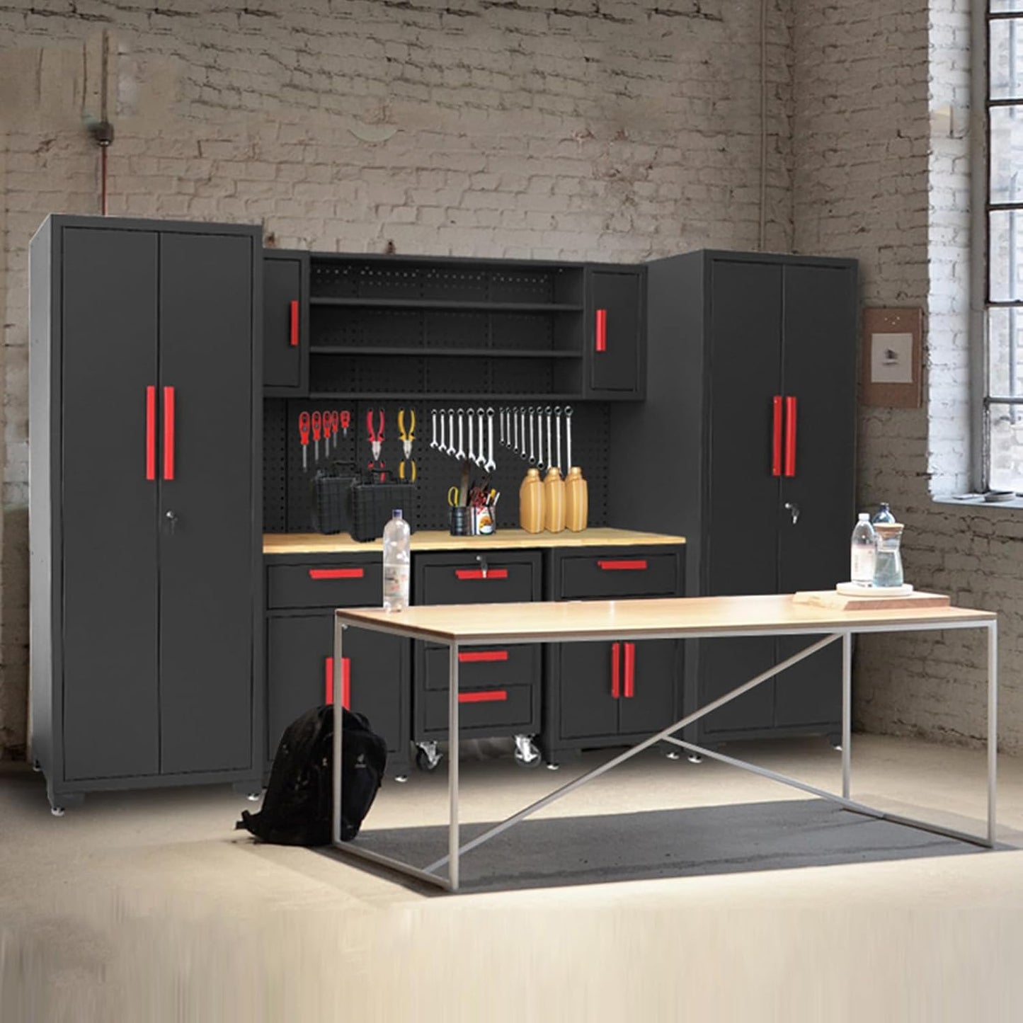 Torin Garage Storage Cabinets - 8-Piece Workshop Cabinet Set in Black with Steel Drawers & Pegboard