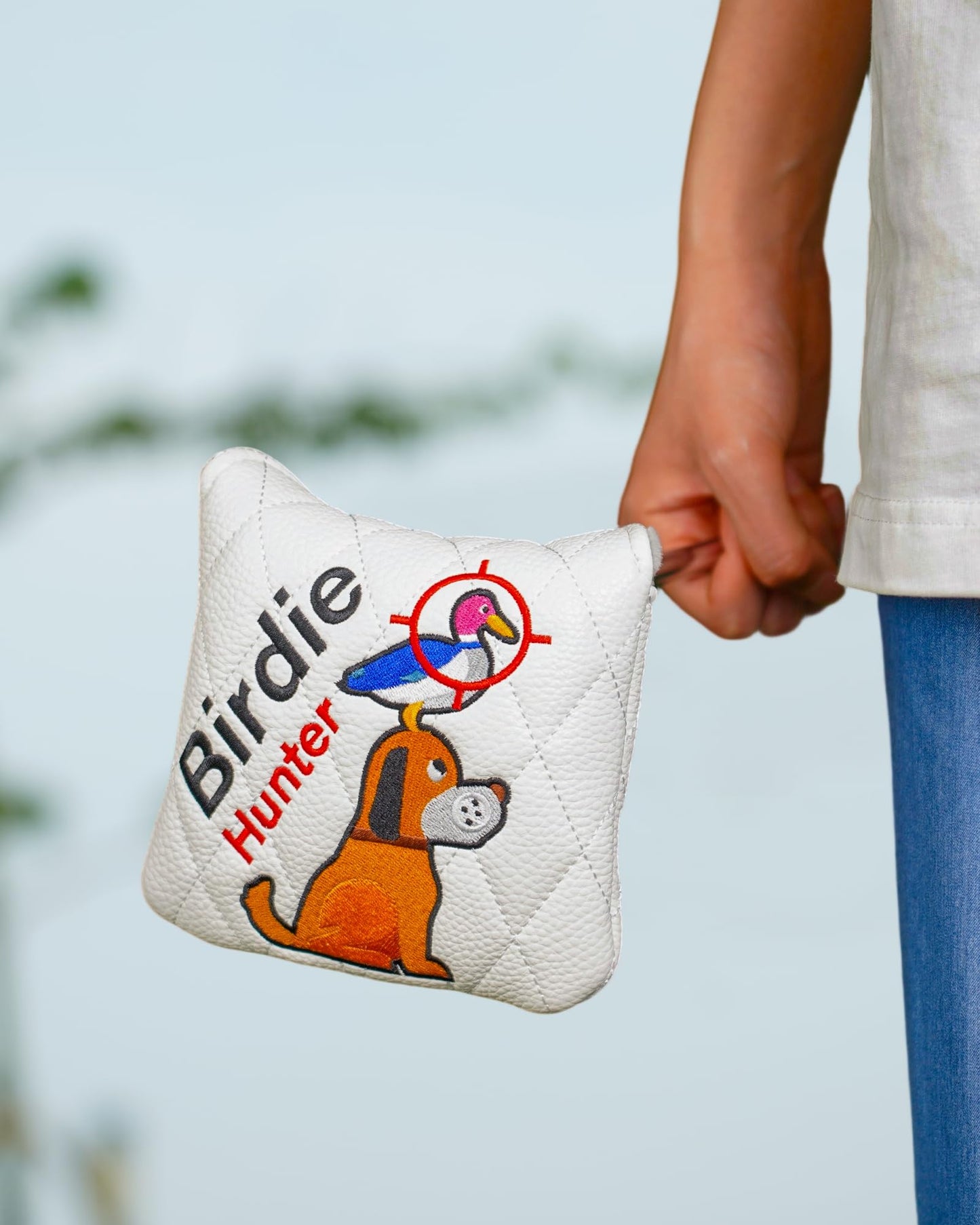 Big Teeth Golf Putter Cover Mallet Golden Retriever, Heel Shaft Golf Square Mallet Putter Cover Headcover Magnetic Birdie Hunting Embroidered Headcover White