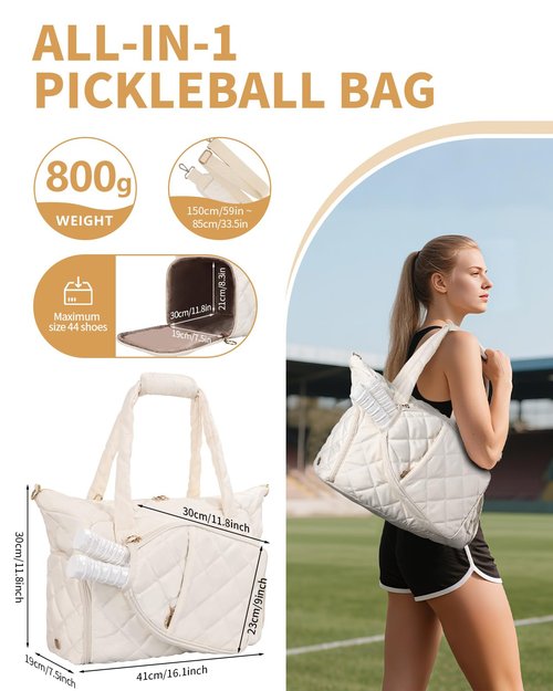 ESTARER Pickleball Bag, Pickleball Tote Bag with Shoe Compartment for Women Large Pickle ball Paddle Storage & Fence Hook (Off White)