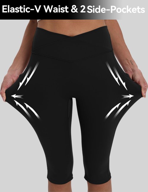 CHALLMOTI Women's Knee Length Capri Leggings with Pockets Yoga Workout Capris Pants Stretch for Running Casual Black M