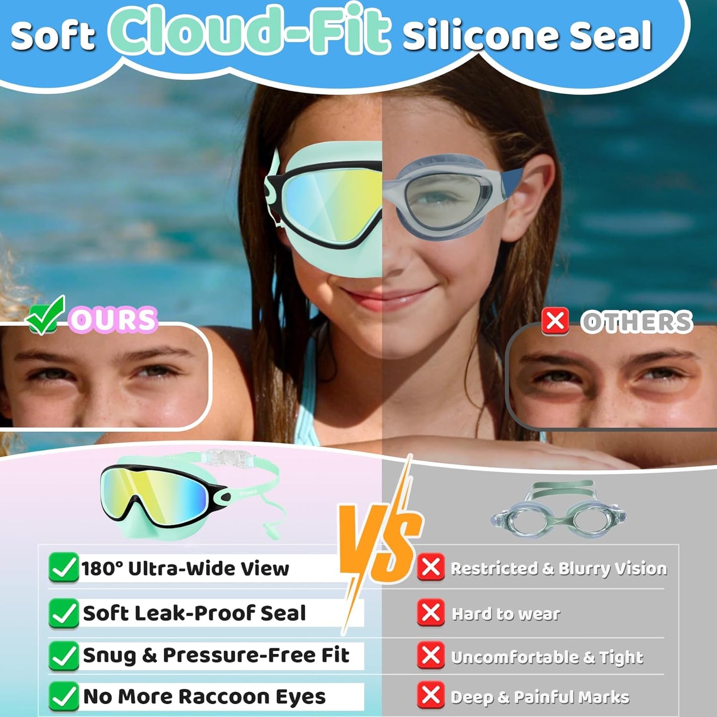 Vvinca Kids Swim Goggles - Anti-Fog Wide View with Nose Cover & Earplugs | Ages 3-12