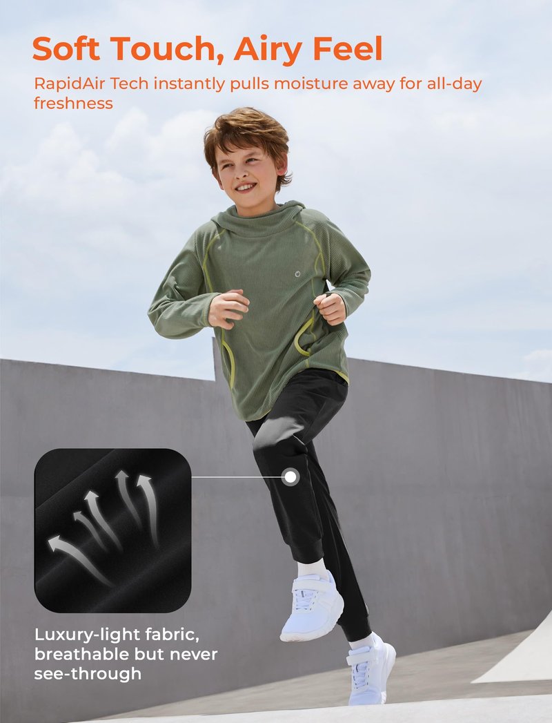 PATPAT RapidAir Boys Quick-Dry Pants with Pockets & Drawstring, Athletic Joggers for Running Sports Outdoor School Uniform, Black, XL