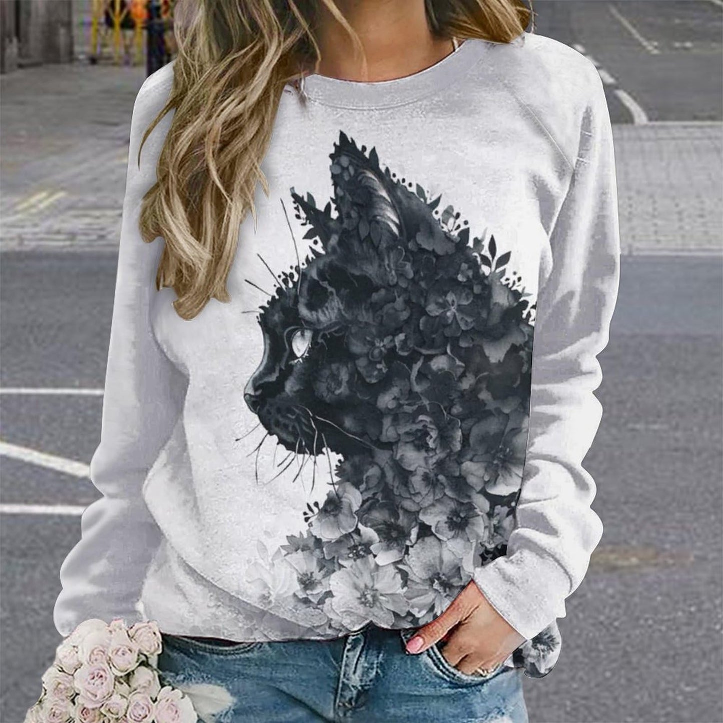 domirica Oversized Sweaters for Women Cute Cat Print Long Sleeve Cotton Oversized Casual Crewneck Warm Sweatshirts Winter Pullover Comfy Westren Fashion Funny Undershirts,L