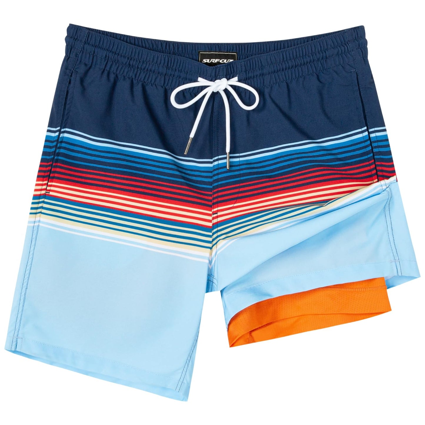 SURF CUZ Mens Swim Trunks with Compression Liner Quick Dry Swim Shorts 7" Swimming Trunks Stretch Zipper Pockets,Colorful Stripes,XS