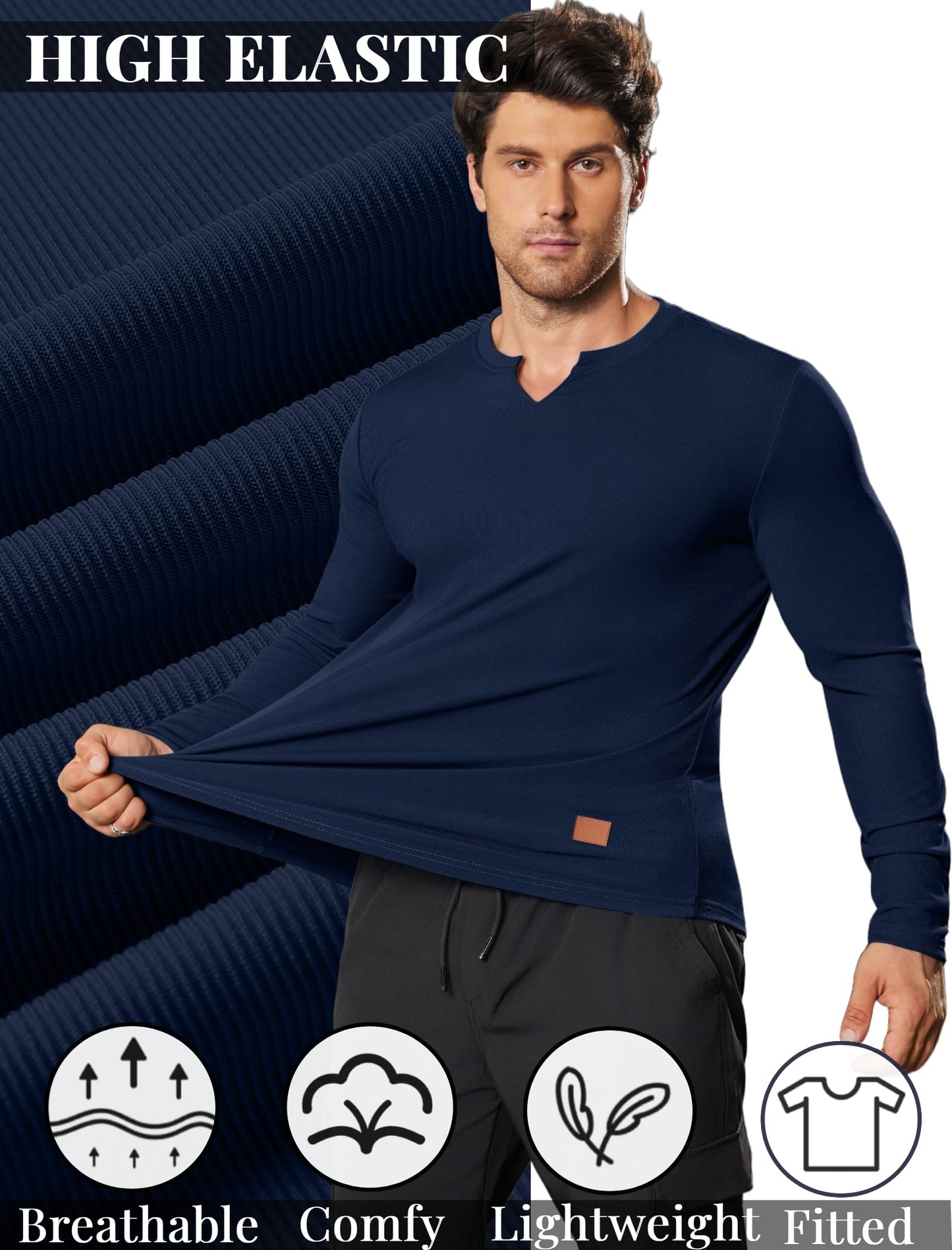 COOFANDY Mens Casual V Neck T Shirt Slim Fitted Long Sleeve Muscle Henley Stretch Tee Shirts for Athletic Running Gym Workout Navy Blue