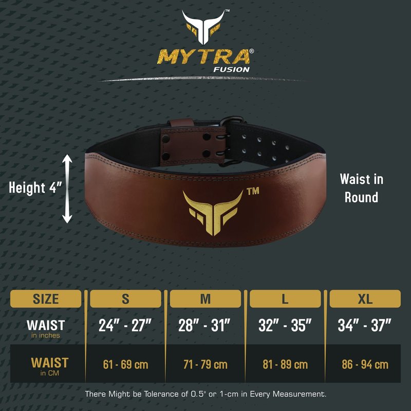 Mytra Fusion Weight Lifting Belt Double Prong Buckle Power Lifting Back Support Belt 100% Leather Gym Belts for Weightlifting Weight Lifting Belts for Men Women, Powerlifting, Strength Training, Squat