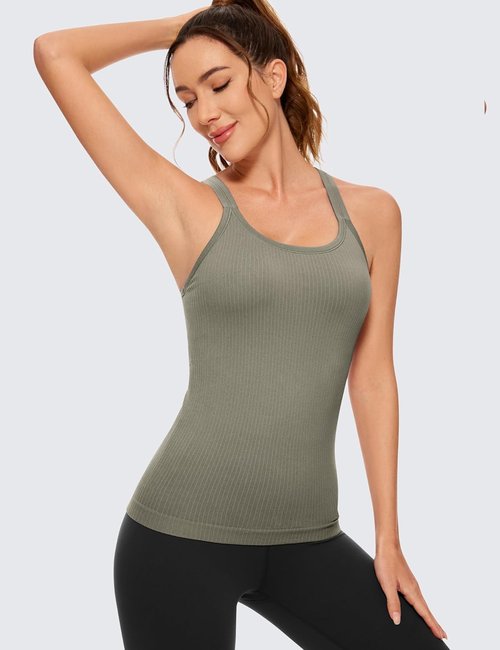 CRZ YOGA Seamless Ribbed Racerback Tank Top with Built-In Bra - Padded Scoop Neck Athletic Camisole