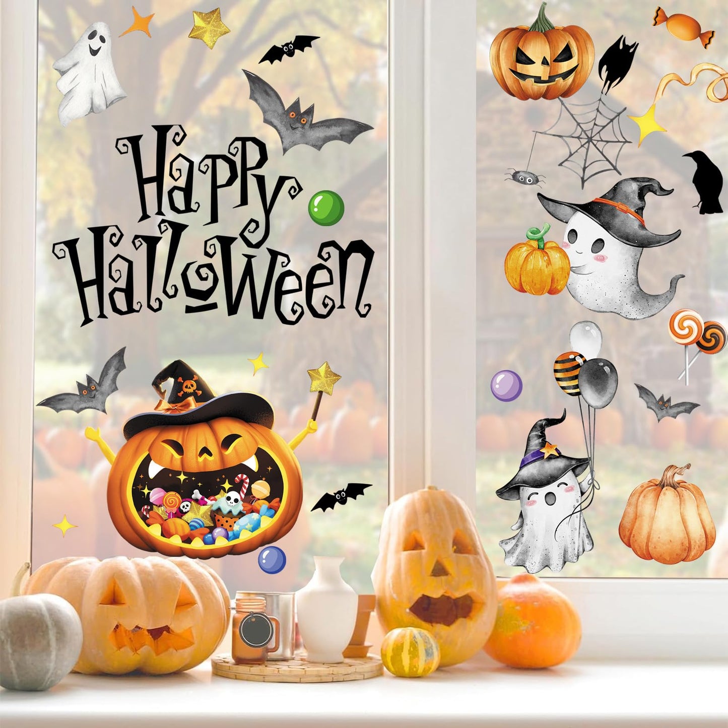 39Pcs Halloween Wall Stickers Cute Ghost Pumpkin Wall Decals Watercolor Peel and Stick Vinyl Decals Self-Adhesive Halloween Window Clings for Party Supplies Gift