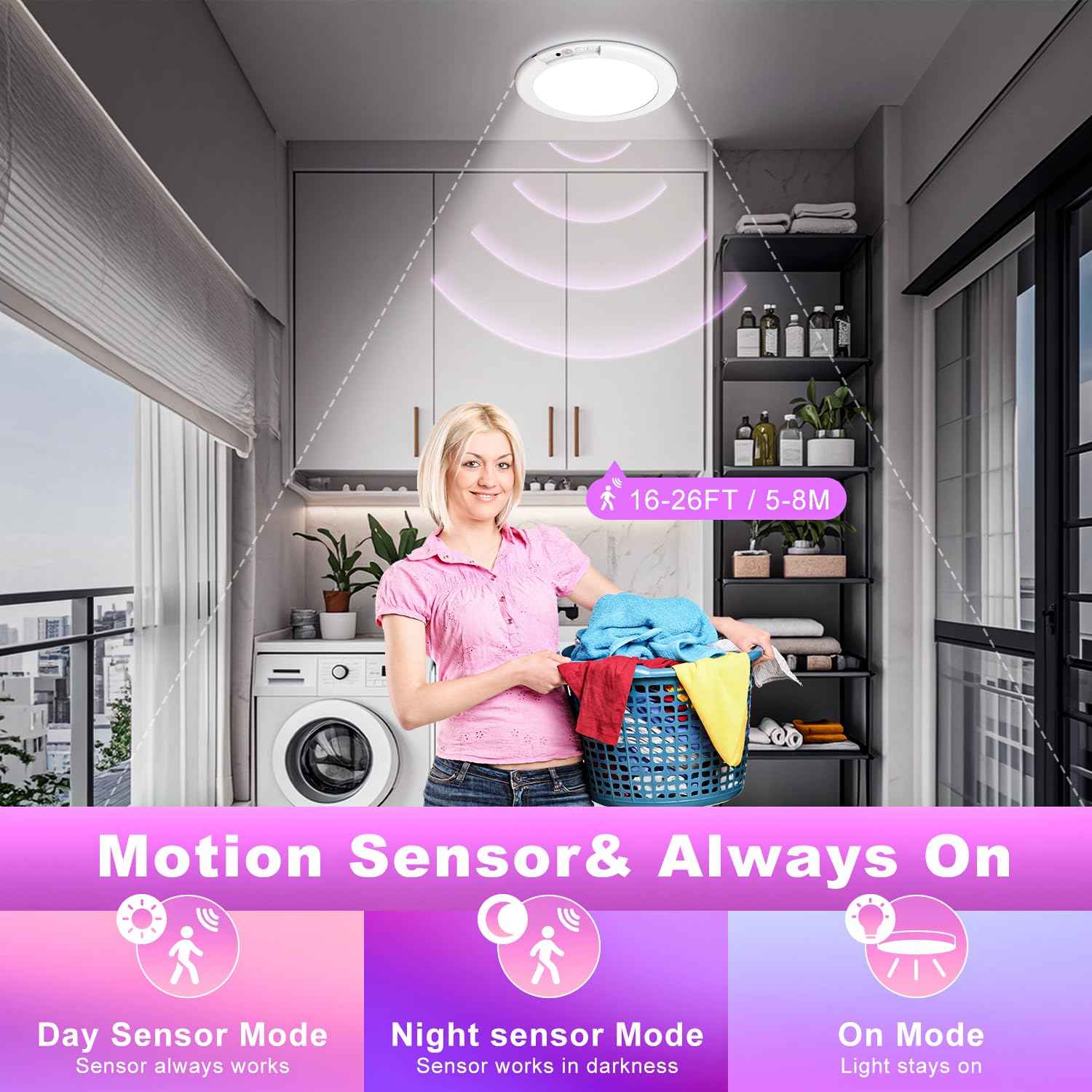 Rechargeable Ceiling Light with Remote, Shower Lights for Inside Shower with Color Changing & White Lights, Magnetic Motion Sensor Closet Light Battery Powered Ceiling Light for Shower Closet Bathroom