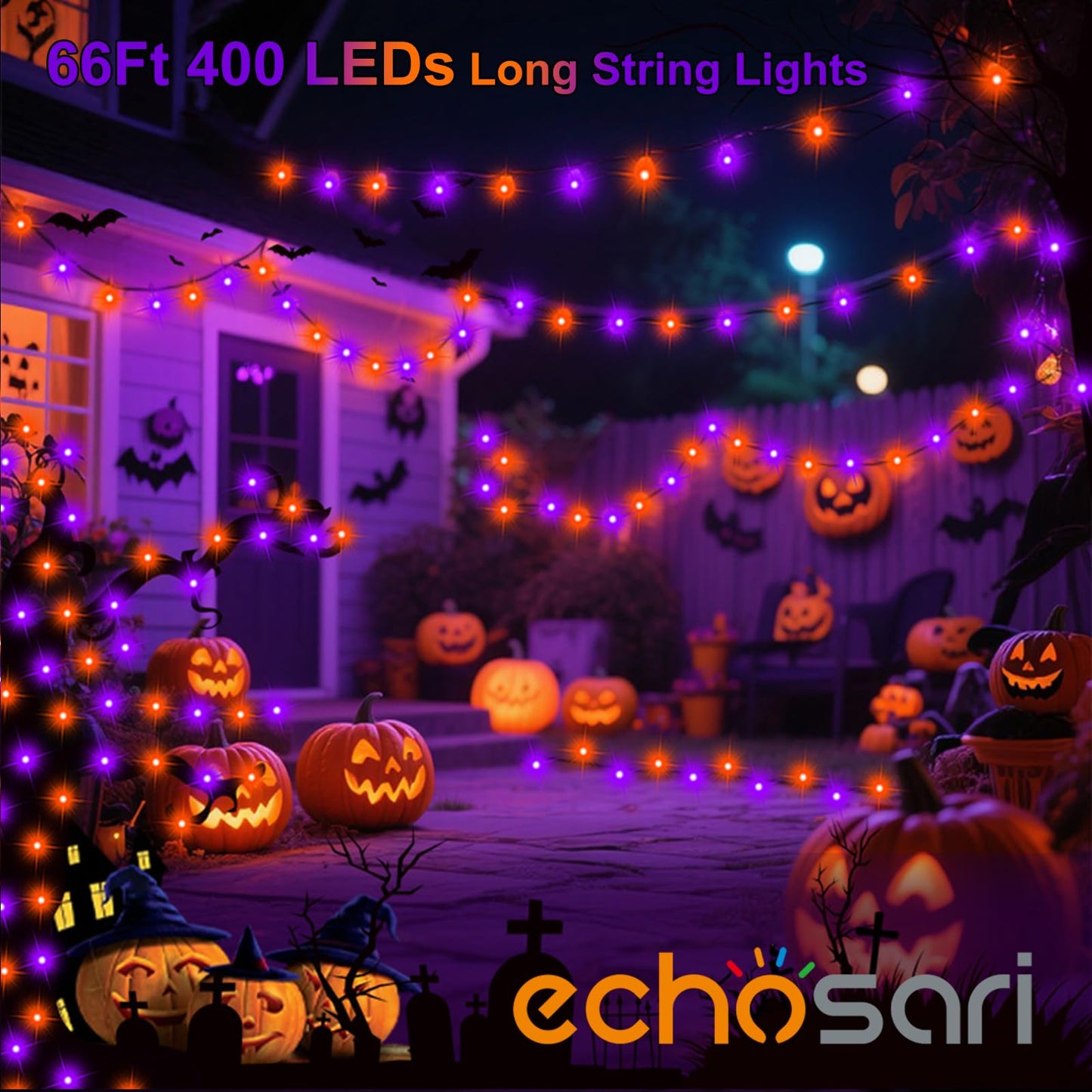 Connectable 400 LED Halloween String Lights, Motion Sensor Scary Sound 66Ft Orange and Purple Halloween Lights Outdoor Waterproof 4 Sound Effects for Yard Party Tree Decor