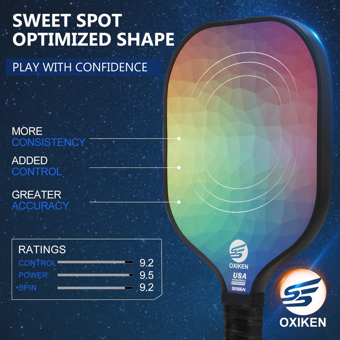 SS OXIKEN Pickleball Paddles Set of 2, USAPA Approved Carbon Fiber Pickle Ball Paddle (CHS) Polypropylene Honeycomb Core, Anti Slip Sweat Absorbing Grip, 2 Outdoor Pickleball, 2 Indoor Pickleball, Bag