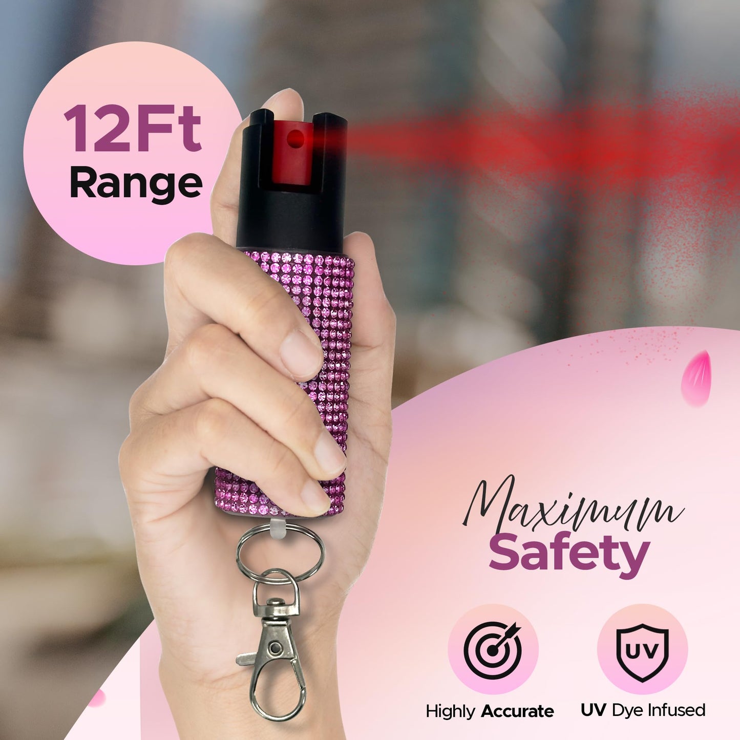 FURY Gem Stone Pepper Spray Stun Gun Combo - Stylish Multi-Color, 12ft Range, UV Dye Identifier, Flashlight, Rechargeable, Self-Defense Kit, Personal Safety, (Pink)