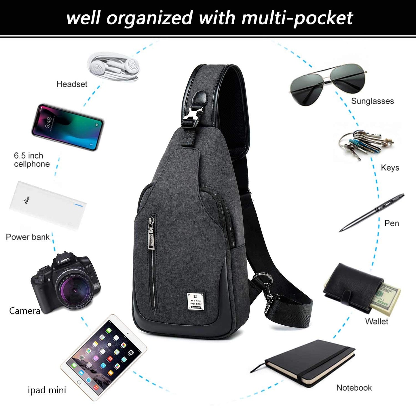 tuowan Small Sling Bag Crossbody Backpack Over the Shoulder Bag for Men Women Travel Outdoors, Lightweight Chest Pack (Large,Black)