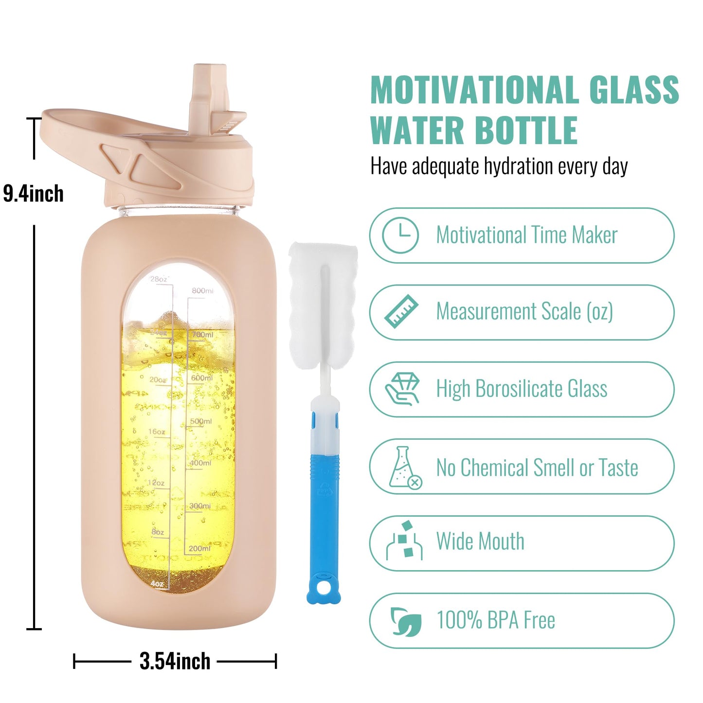CIVAGO 32 oz Glass Water Bottle with Straw and Handle, Large Sports Motivational Water Bottle Flask with Time Marker and 2 Lids, Leakproof Water Jug Canteen with Silicone Sleeve for Gym,Beige