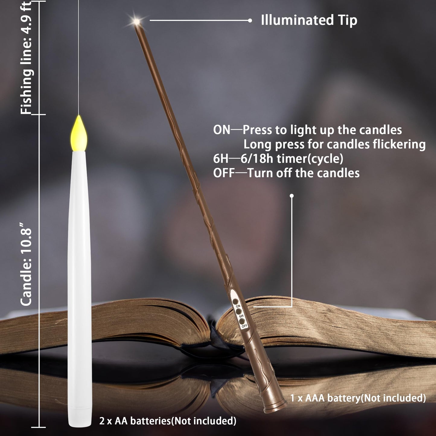 LUSHARBOR Floating Candles with Wand, 10 Pack Halloween Flameless Candles Battery Operated LED Taper Hanging Electric Candle for Christmas Halloween Birthday Party Decor 10.8in