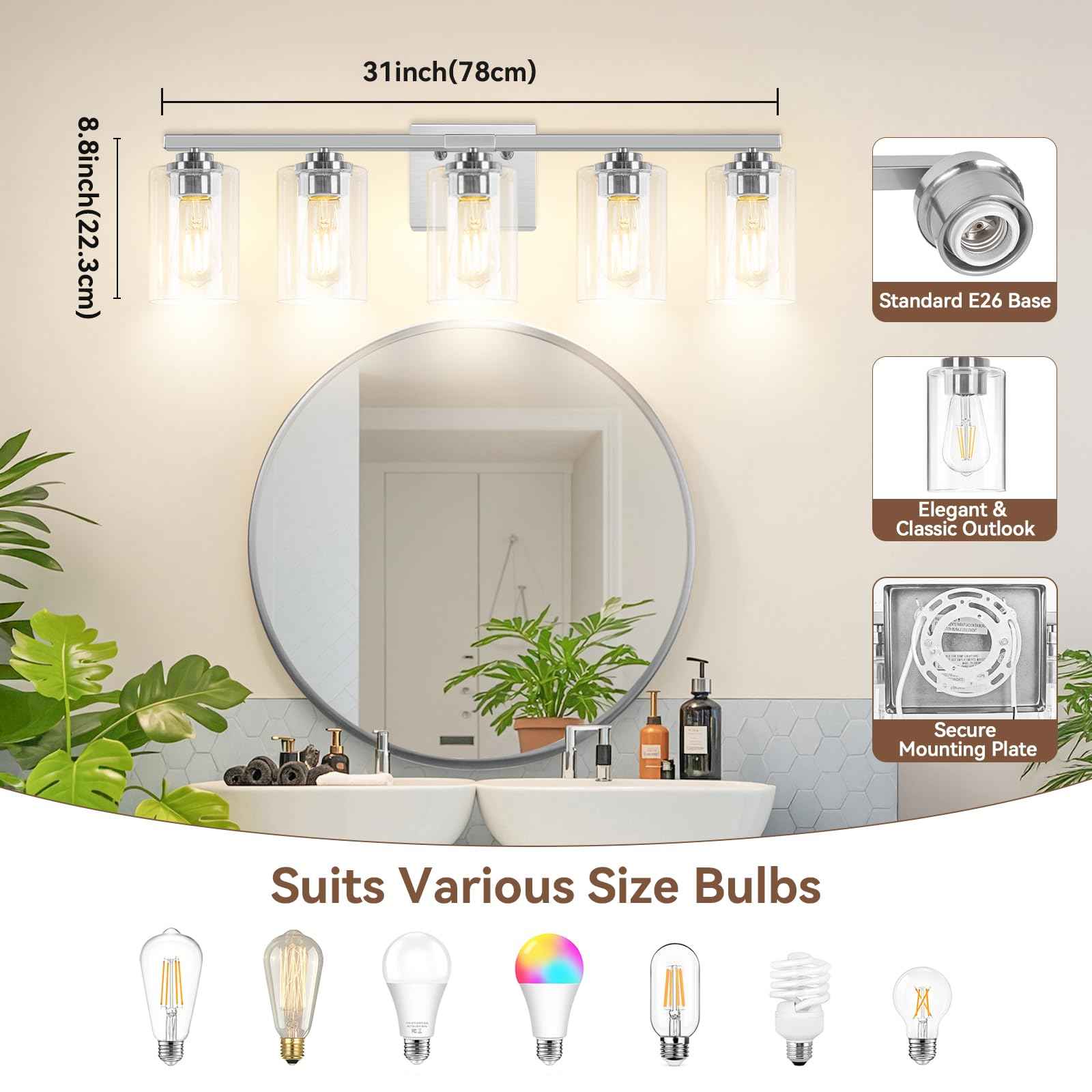 5-Light Bathroom Light Fixtures, 31" Modern Vanity Lights Over Mirror with Clear Glass Shades, Brushed Nickel Light Fixture, Classic Wall Light Fixture for Mirror Living Room Cabinet Bedroom Porch
