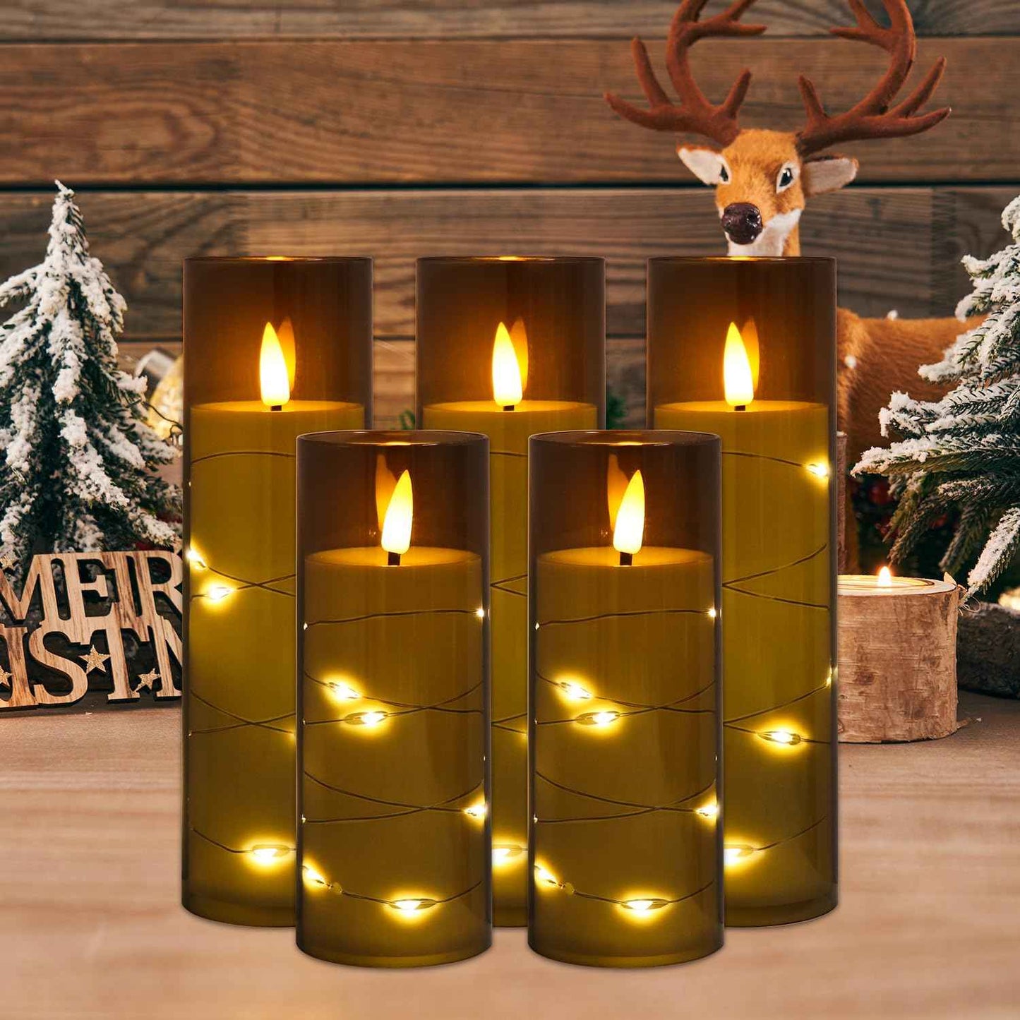 Flameless Candles Flickering LED Lights 7 PCS Battery Operated Candles with Remote & Timer, with Embedded Star String Lights for Home Decoration Wedding Festival Cafe Restaurant (Grey)