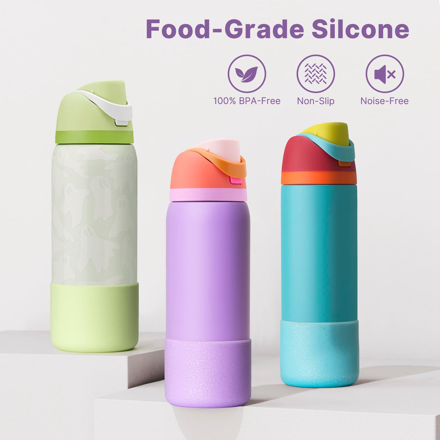 Diumepo Silicone Water Bottle Boot for Owala 32 oz, Anti-Slip Protective Sleeve for Twist, FreeSip & Flip Stainless Steel Bottles, Bottom Base (Glitter Purple)