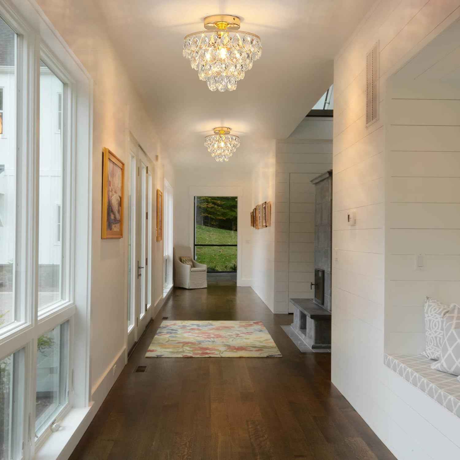 Gold Crystal Mini Chandelier - Modern Flush Mount Ceiling Light for Hallway & Bedroom