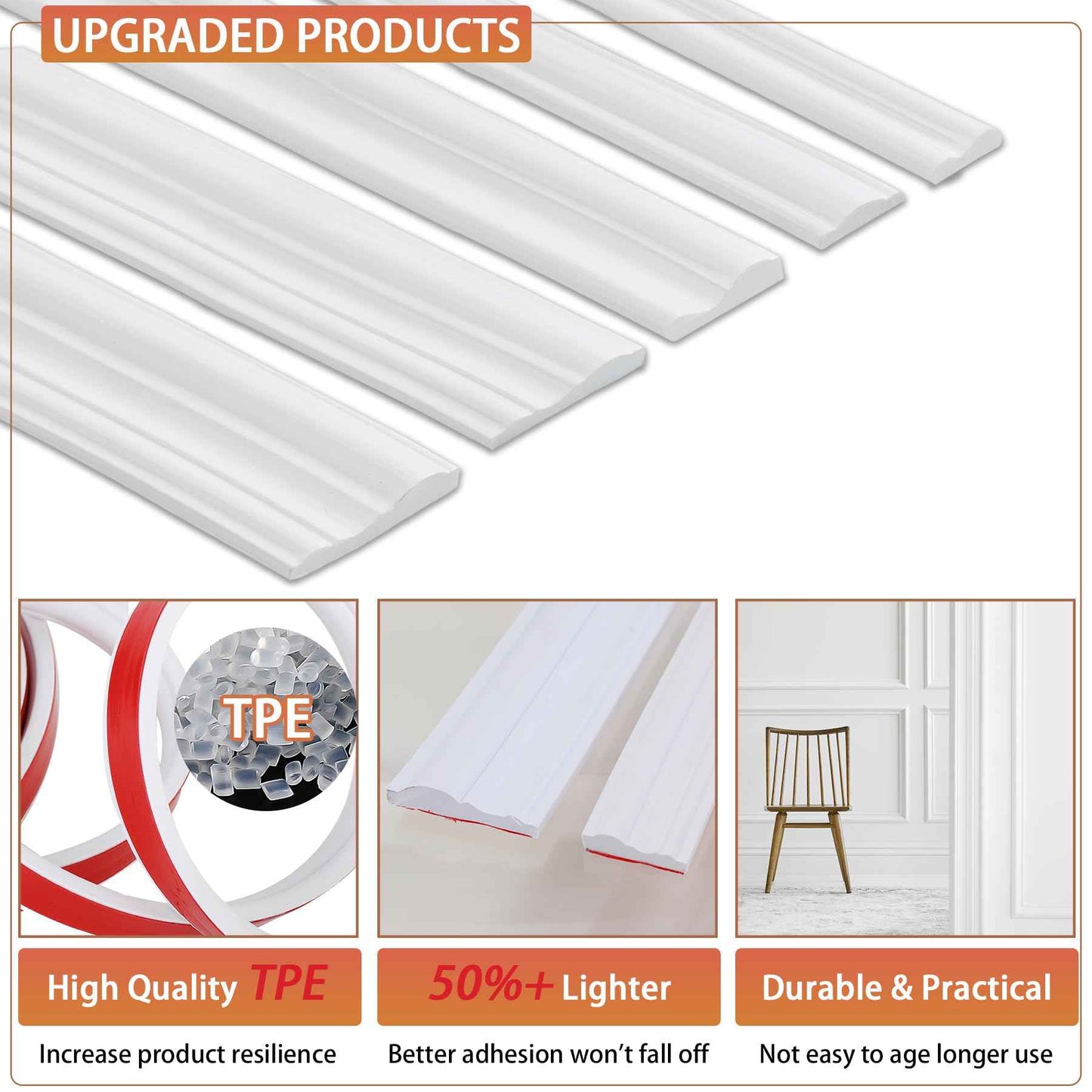 QDYMXUN Peel and Stick Chair Rail Panel Molding, 240''L x 0.9''W Strong Self Adhesive TPE Wall Moulding Trim for Home DIY Decoration (Paintable White)