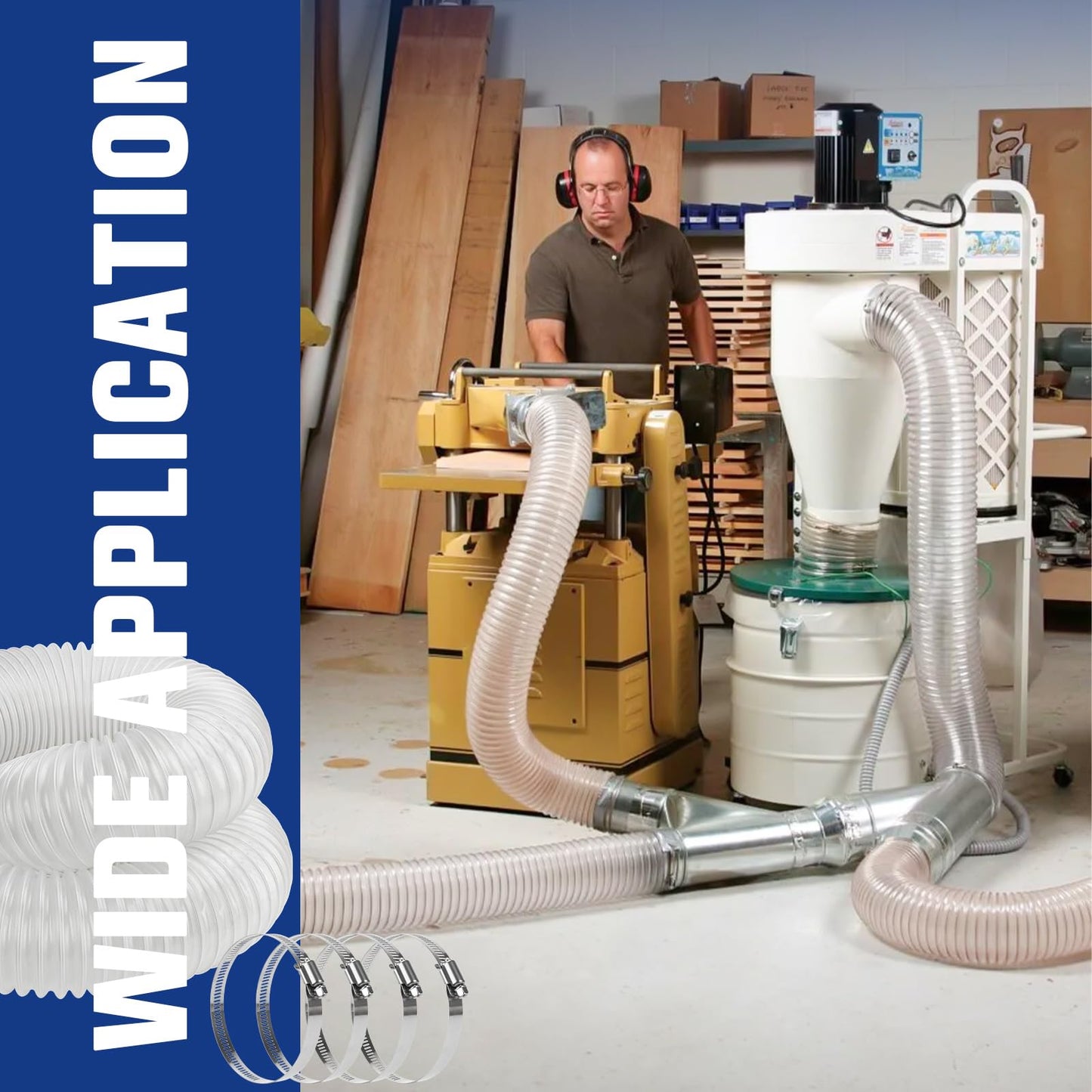 ODDMUCK 4" x 10' PVC Dust Collection Hose Clear Flexible Fume Debris Vacuum Collection Hose with 4 Clamps for Woodworking Dust Collection Systems