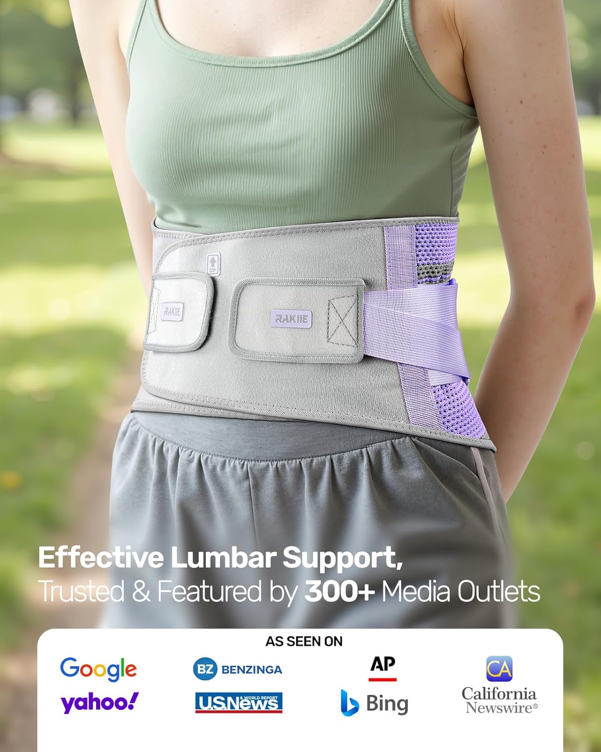 Rakiie Back Brace - Ergonomic Lumbar Support for Lower Back Pain Relief | Breathable Mesh Design, Size M (Waist: 32.3"-39.8")