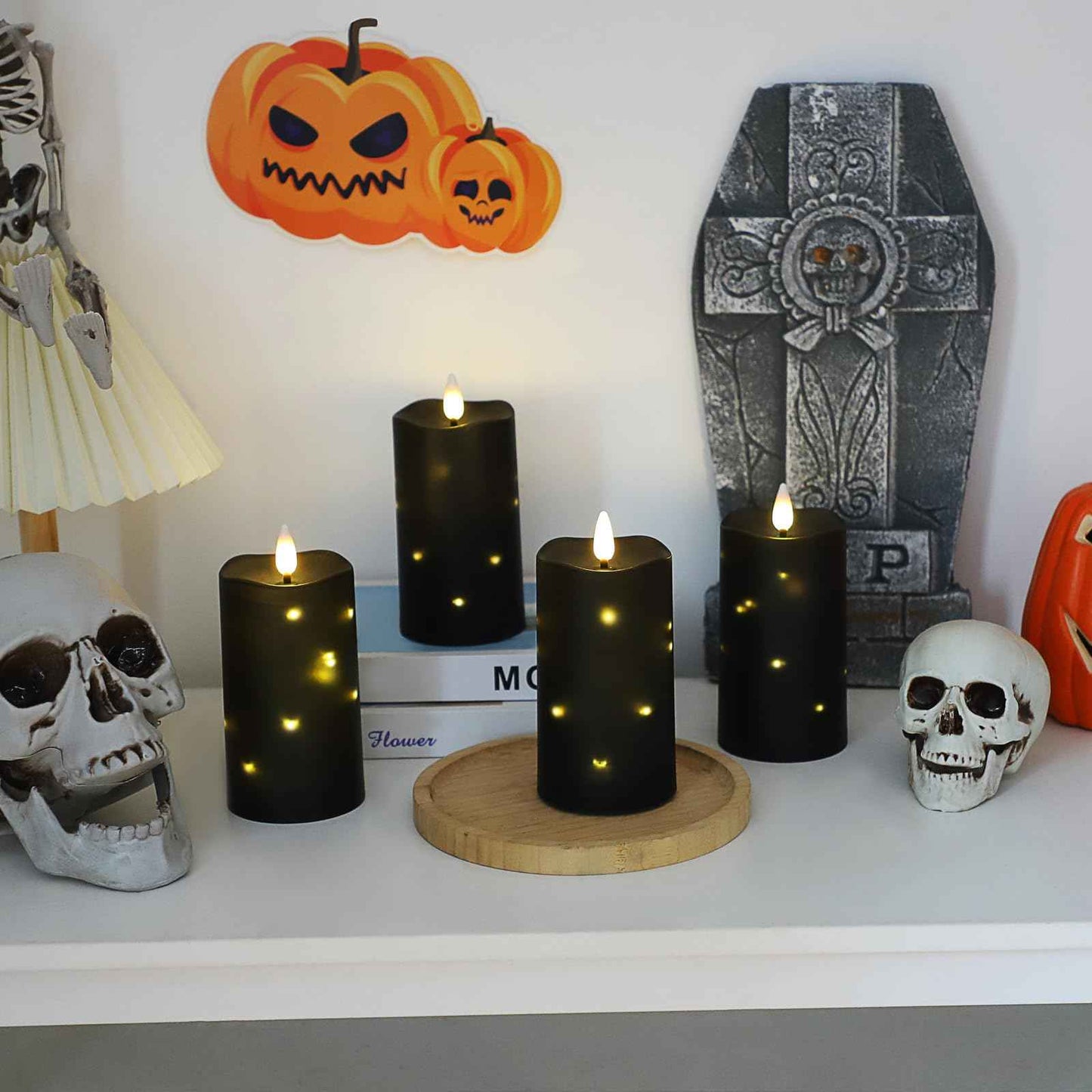 Lezonic Black Flameless Waterproof Outdoor Candles with Remote, 4Pcs Battery Operated Candles LED Flickering Dancing Flame, Built-in String Lights for Halloween Patio Room Decor, 3.25" x 6"