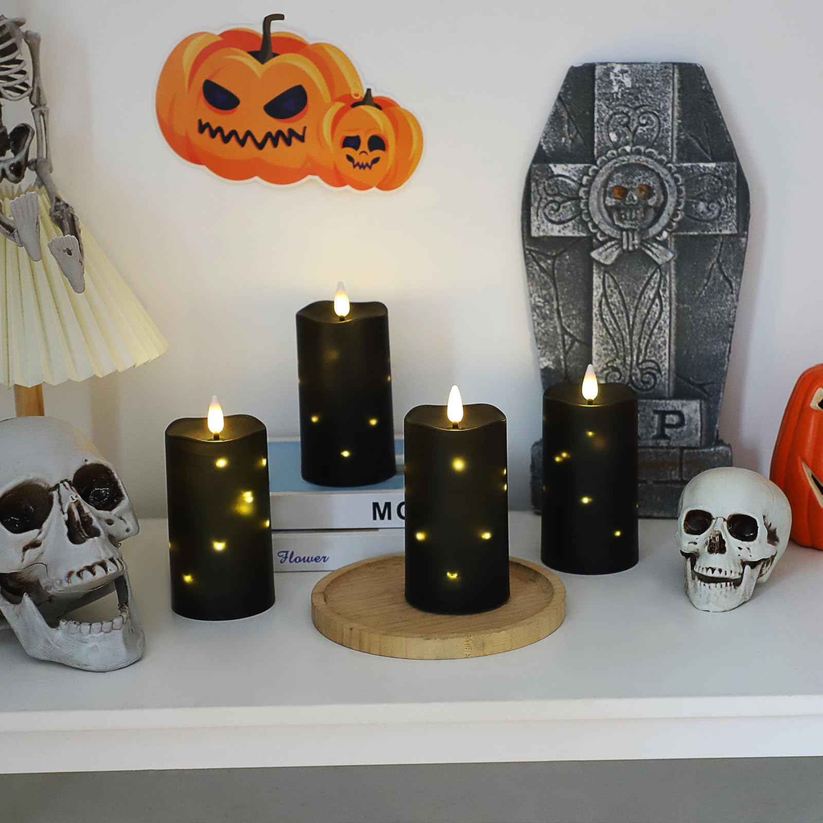Lezonic Black Flameless Waterproof Outdoor Candles with Remote, 4Pcs Battery Operated Candles LED Flickering Dancing Flame, Built-in String Lights for Halloween Patio Room Decor, 3.25" x 6"