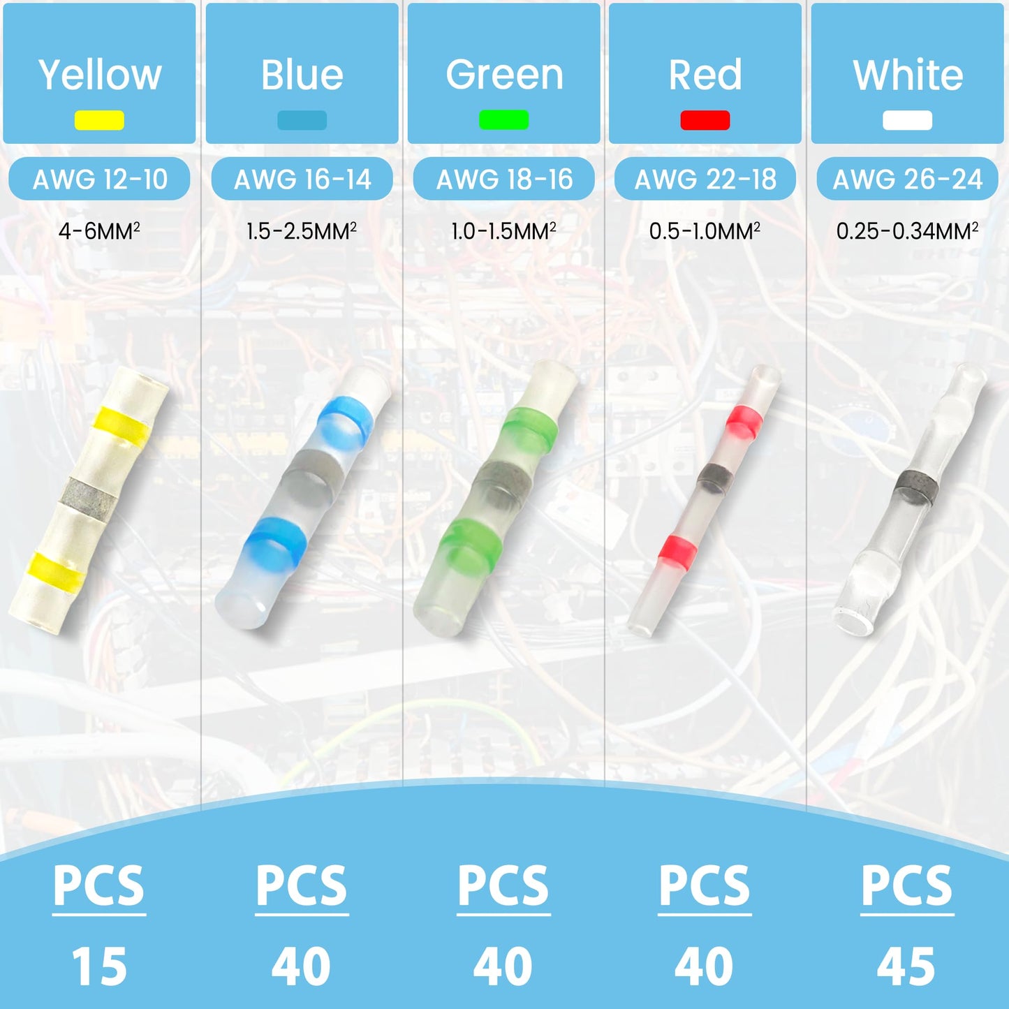 5 Sizes, 180 Pieces - Heat Shrink Butt Connectors, Solder Seal, Waterproof Self Shrink Electrical Connector Kit- for Wiring, Soldering, Marine, Automotive