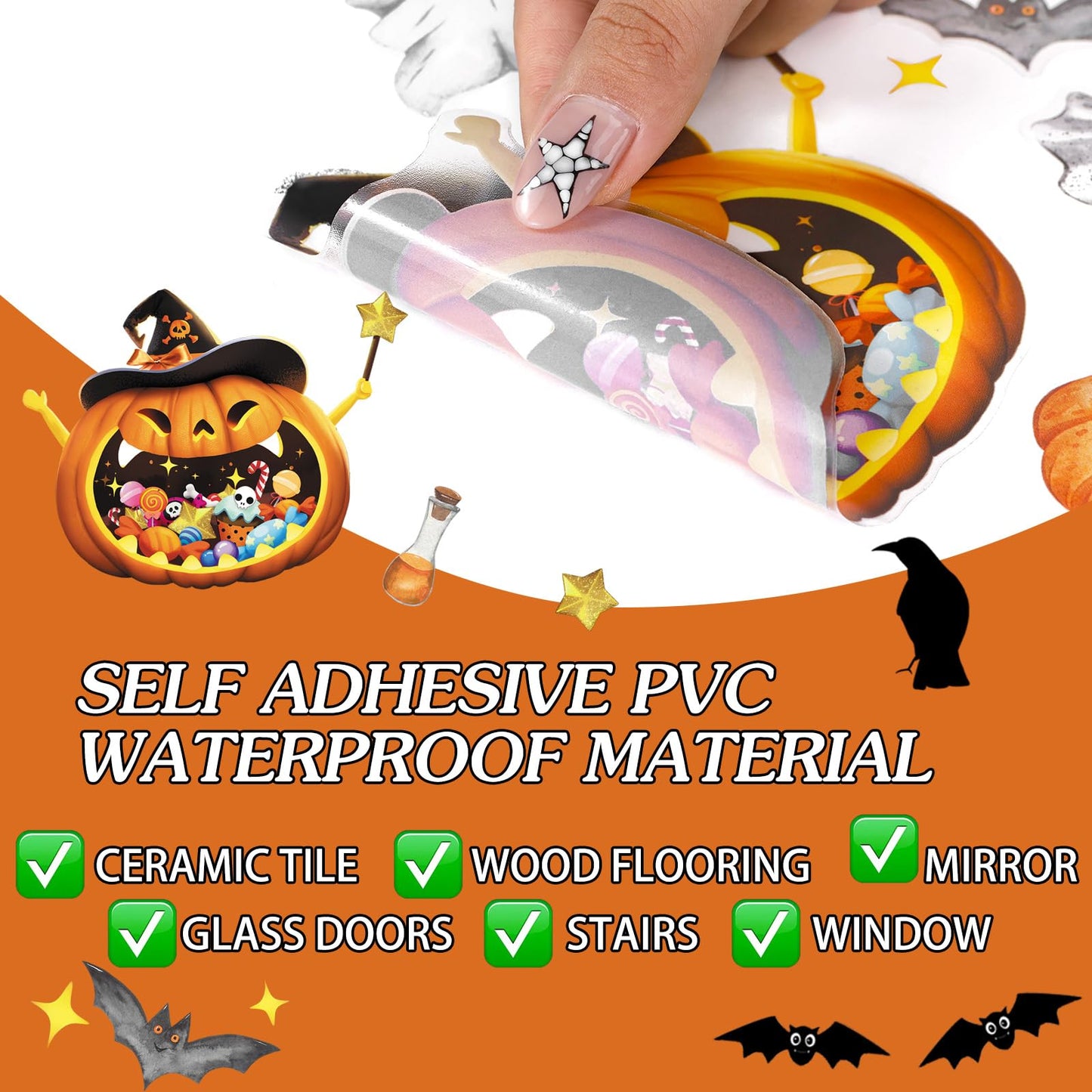 39Pcs Halloween Wall Stickers Cute Ghost Pumpkin Wall Decals Watercolor Peel and Stick Vinyl Decals Self-Adhesive Halloween Window Clings for Party Supplies Gift