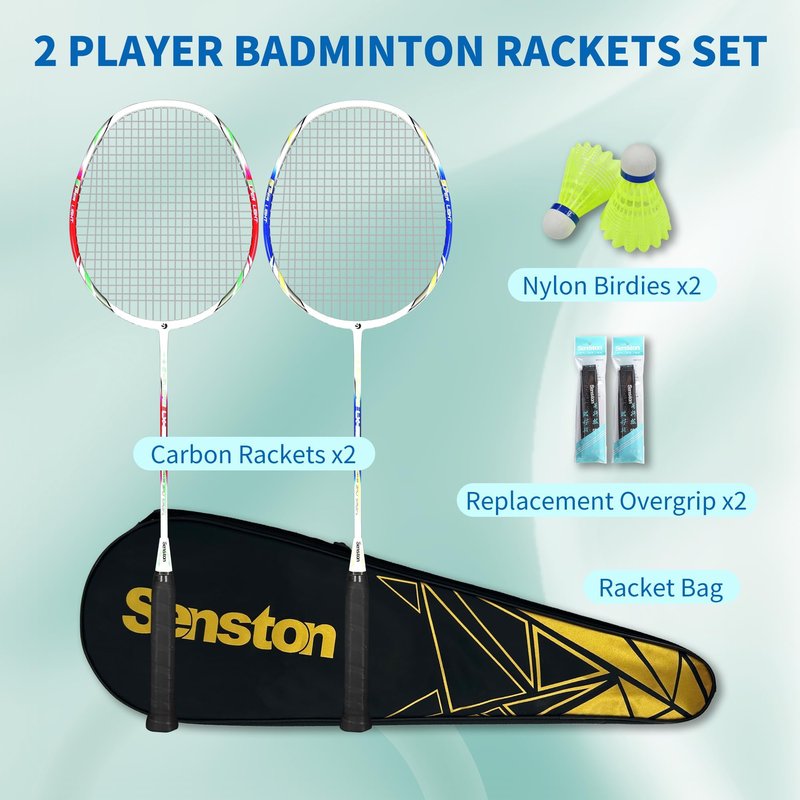 Senston Carbon Fiber Composite Badminton Rackets Set of 2 – Lightweight Pre-Strung Racquets for Beginners, Casual Outdoor Play & Family Fun, with Shuttlecocks, Replacement Grips & Carry Bag