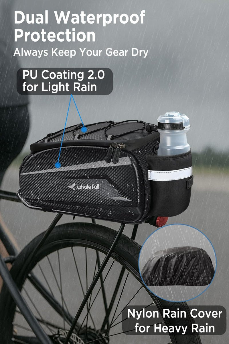 whale fall 10L Bike Rack Bag – Hard Shell Waterproof Rear Trunk Pannier, Saddle Seat Bag Carrier with Rain Cover, 4-Side Reflective Panels, Shoulder Strap & Handle, Bike Accessories, Gifts for Men