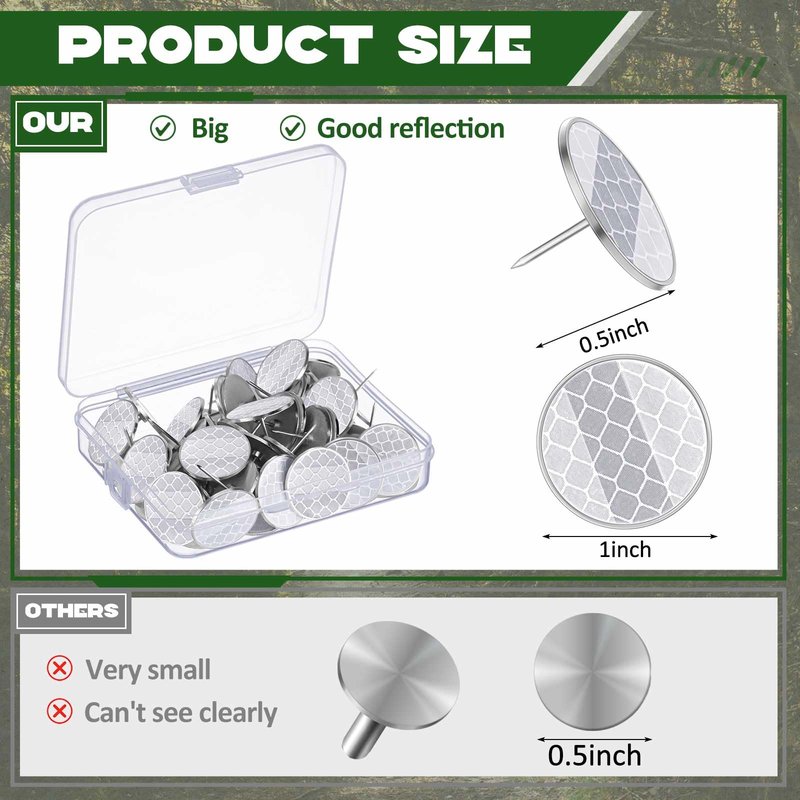 Seenelling 1 Inch Large Reflective Marking Trail Tacks Glow Tacks Reflective Thumb Mark for Hunting Hiking Camping Tree Stand, 50pcs, Silver