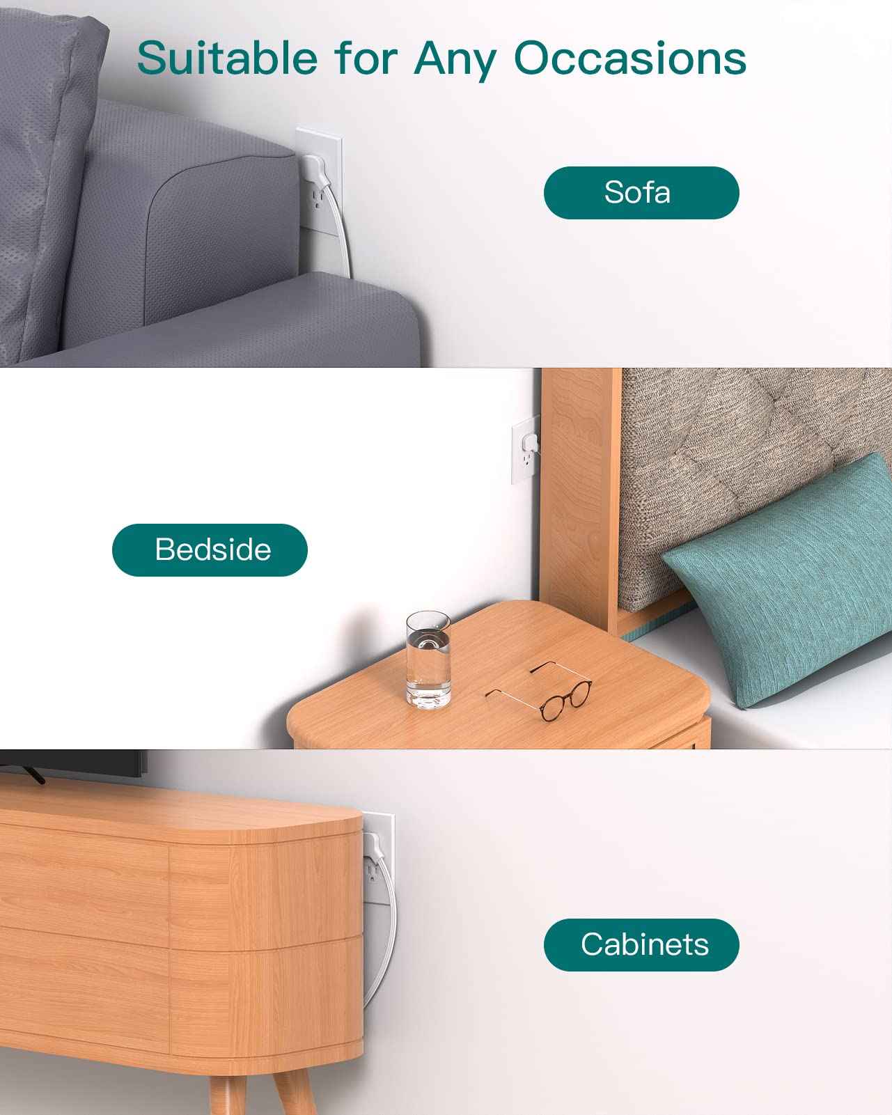 Flat Plug Power Strip, Addtam Ultra Flat Extension Cord with 6 Outlets Extender, No Surge Protector for Cruise Ship, Travel, Dorm, Home Office,2 Pack