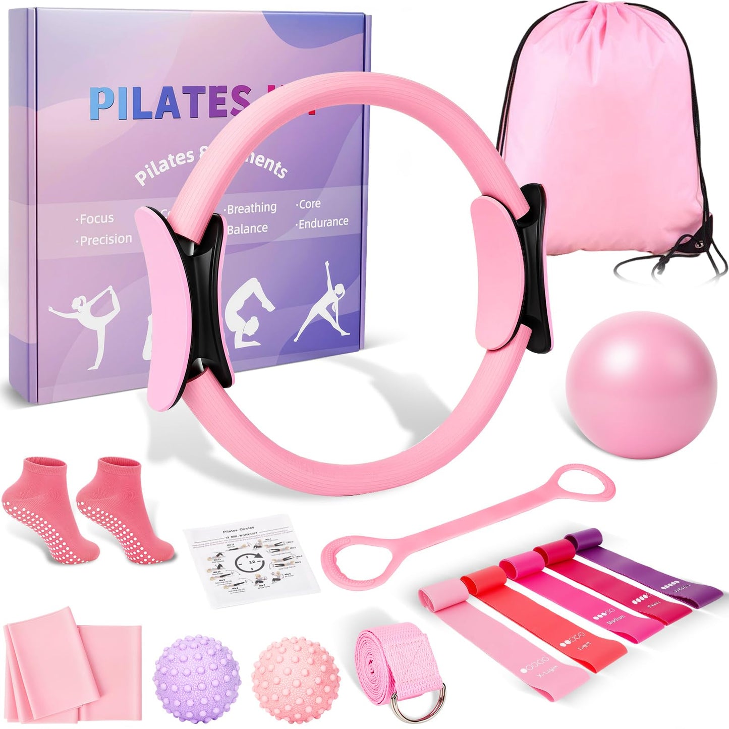 Pilates Ring and Ball Set for Women, Home Workout Pilates Kit, Magic Circle Hoop with 5 Resistance Bands, Pilates Equipment Fitness Essentials Starter Set Accessories (Pink)
