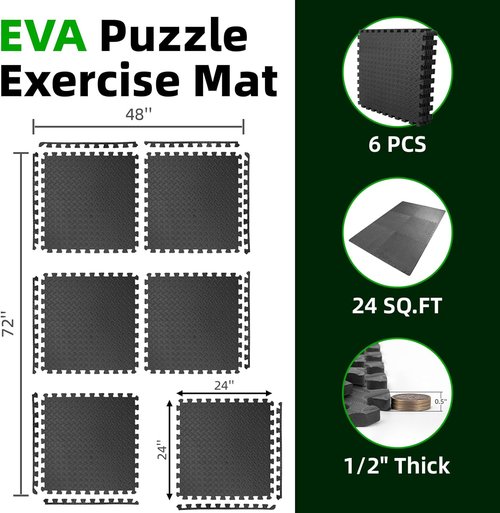 Art3d EVA Interlocking Exercise Mats - 1/2" Thick Foam Puzzle Flooring for Gym & Training | 24" x 24" Size, 6 & 12 Pack