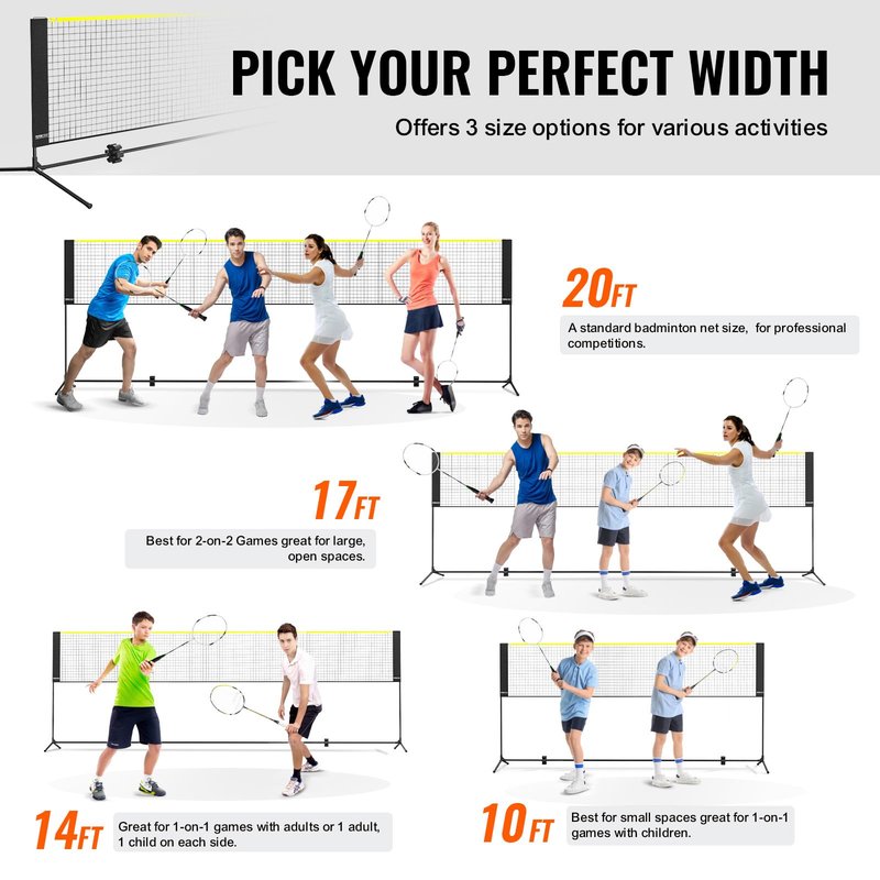 VEVOR Badminton Net, 20ft Wide Foldable Pickleball Set With Stand, Bag, Rackets, Nylon Shuttlecocks for Kid Backyard Indoor Outdoor Use, Height Adjustable Volleyball, Portable Tennis With Poles