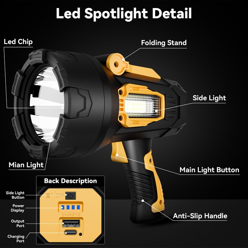 polisak Rechargeable Spotlight Flashlight, 99,000 Lumens Super Bright LED Spotlight with COB Light & Foldable Tripod, 10000ɱAh 30H Long Lasting Large Handheld Spot Light for Huŋting Boating Camping